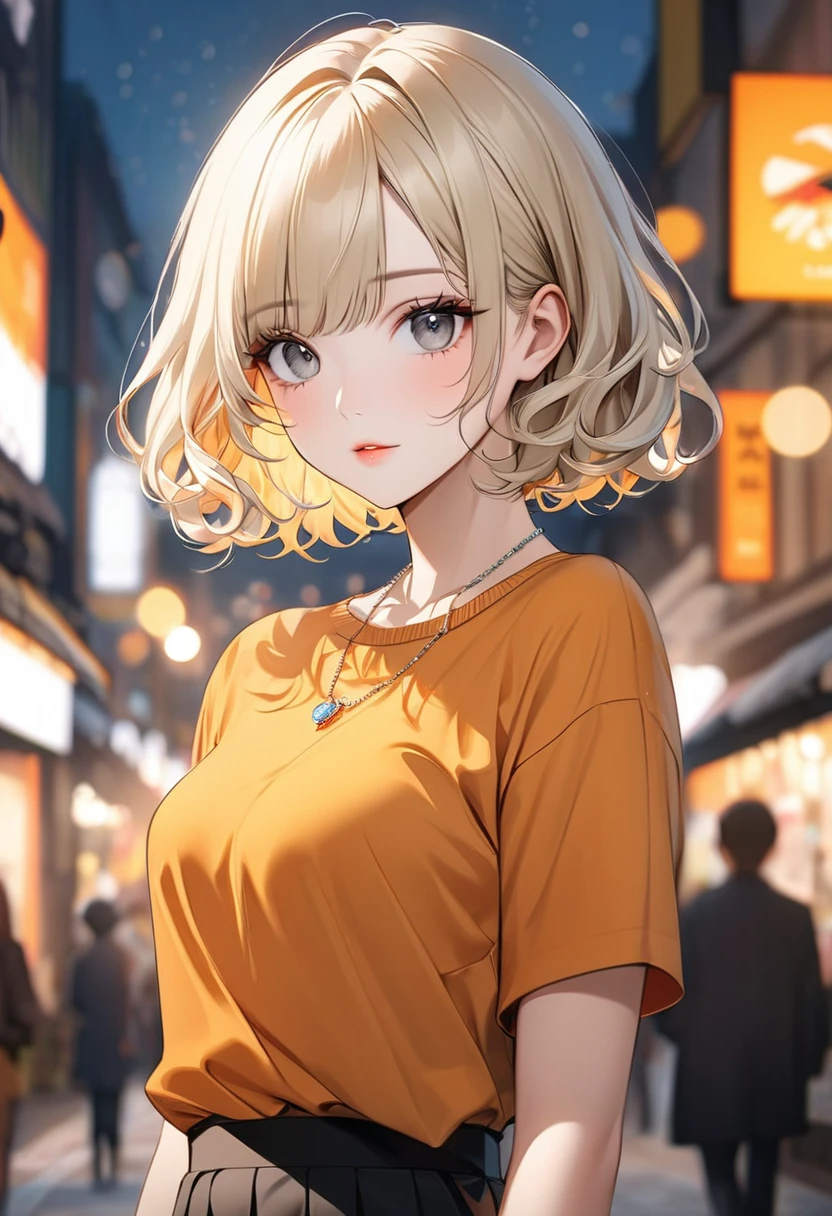 Curly Bob Cut, A platinum-haired woman in an orange collared shirt poses for a photo in the city, 8K Art Germany Bokeh, well-proportioned body, 美しいKorean women, Gorgeous Necklace, 美しい若いKorean women, Soft Portrait Shot 8k, Korean Girls, Double eyelids and narrow eyes, beautiful grey eyes, Trans8K, Cute young woman, Korean women, Beautiful blonde girl