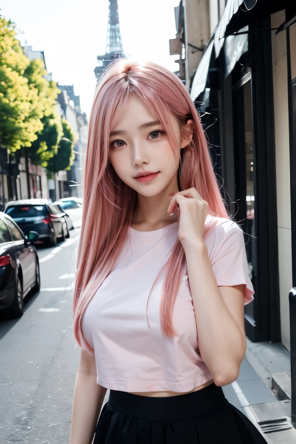 masterpiece,Highest quality,Very detailedな,(Take in the view),Black Hair,Realistic,18-year-old,(Bokeh),Sweat,blush,,(orgasm),Natural pose, artistic、Very detailed,(Beautiful pink hair, Beautiful eyes, Long Hair, ),Pink Hair Color、Pink Hair、Hair color: Pink、Streets of Paris、Hair with movement、The wind is blowing、White ruffled T-shirt、Short black skirt、From below、smile、