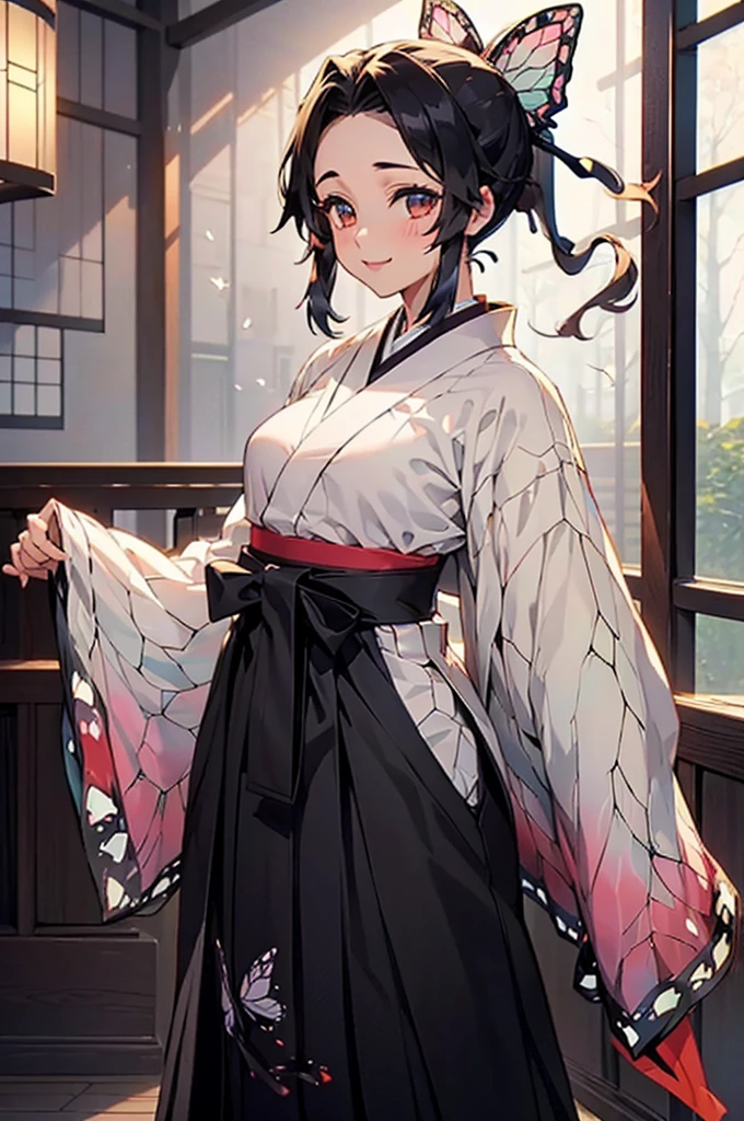 (((beautiful))), (((Hakama, kimono))), ((Black Hair, ponytail, Butterfly ribbon)), (((Intricate details))), High resolution, ((Intricate details, Ultra-detailed)), whole body, Are standing, looking at the camera, Red cheeks, smile, indoor
