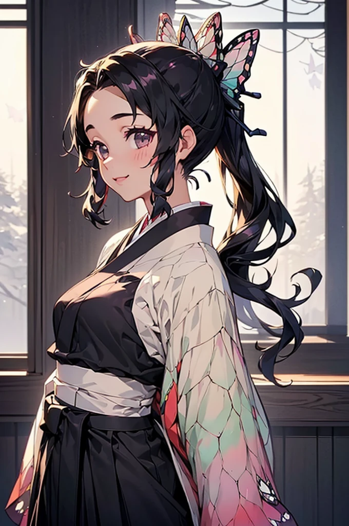 (((beautiful))), (((Hakama, kimono))), ((Black Hair, ponytail, Butterfly ribbon)), (((Intricate details))), High resolution, ((Intricate details, Ultra-detailed)), whole body, Are standing, looking at the camera, Red cheeks, smile, indoor
