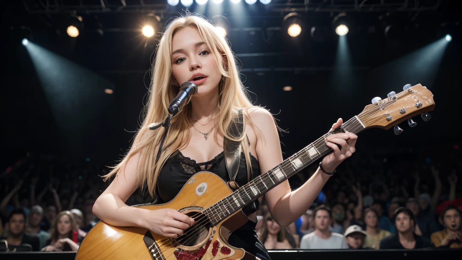 a blonde woman ( @micaela), with a guitar in hand.
in a live show,
on a lit stage,
and large audience.