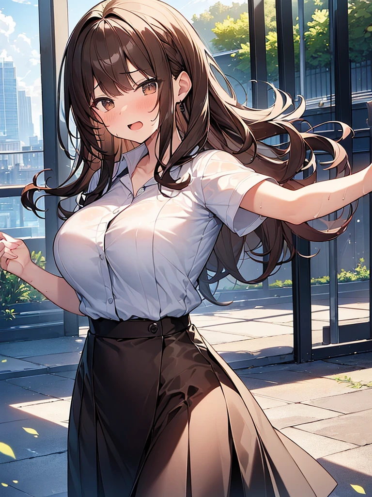 (Masterpiece, Top quality: 1.5), (1 girl, solo :1.2),  (large breasts:1.4), (covering breasts by arm:1.4), (cute design short-sleeved shirt, midi skirt:1.4), standard weight, (brown hair:1.4), (airy hair, wavy hair:1.3), long hair ,asymmetry bangs, swept bangs, 12 year old, angry:1.3, (flustered:1.3),  climax:1.3, beautiful scene of outdoor, dynamic pose, magnificent panorama view, wet:1.1, open mouth