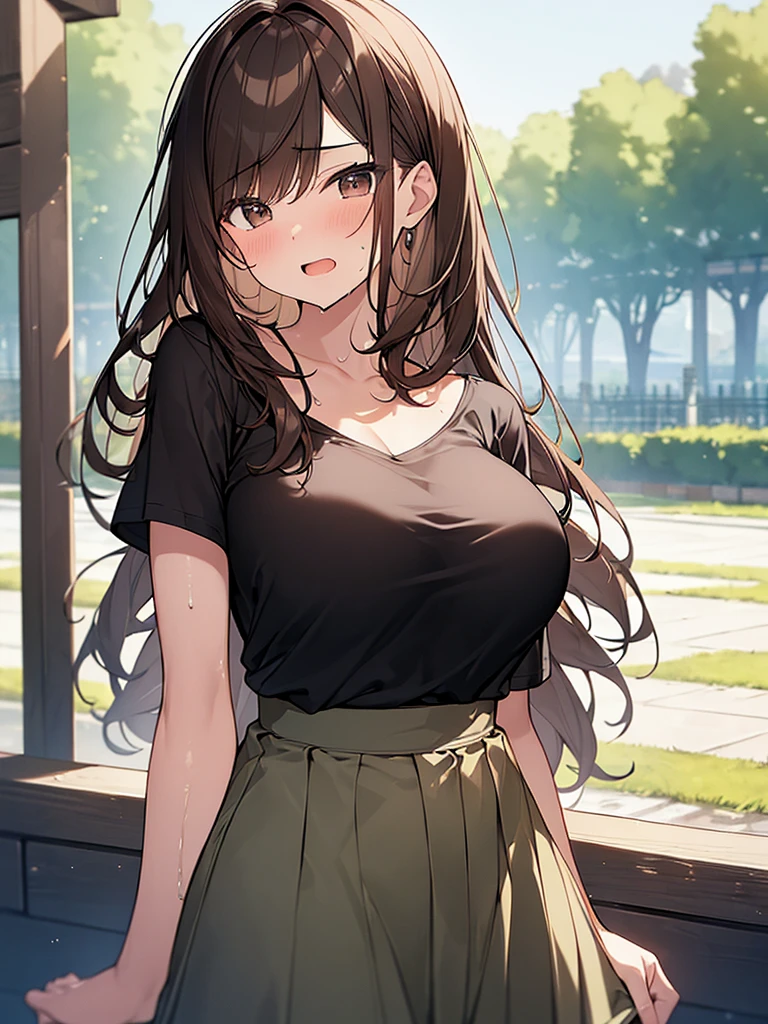 (Masterpiece, Top quality: 1.5), (1 girl, solo :1.2),  (large breasts:1.4), (covering breasts by arm:1.4), (cute design short-sleeved shirt, midi skirt:1.4), standard weight, (brown hair:1.4), (airy hair, wavy hair:1.3), long hair ,asymmetry bangs, swept bangs, 12 year old, angry:1.3, (flustered:1.3), sexual climax:1.3, beautiful scene of outdoor, dynamic pose, magnificent panorama view, wet:1.1, open mouth