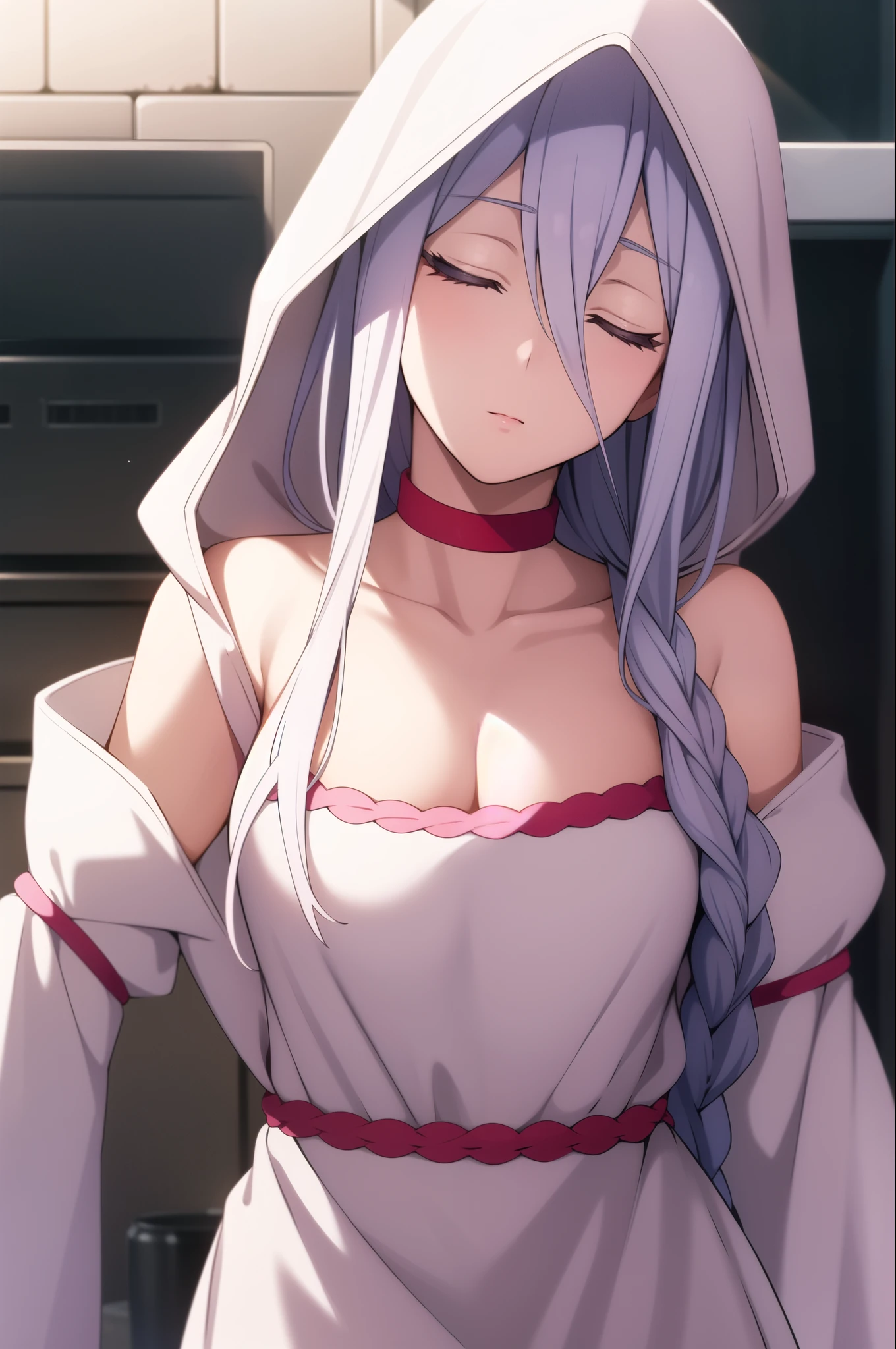 ç½ç»,1girl,expressionless,long braid,hair over shoulder,colored eyelashes,closed eyes,
ç½,white hood,hood up,red choker,bare shoulders,cleavage,white dress,detached sleeves,long sleeves,wide sleeves,nsfw,, 20yo,Young female,Beautiful Finger,Beautiful long legs,Beautiful body,Beautiful Nose,Beautiful character design, perfect eyes, perfect face,expressive eyes,
looking at viewer,
official art,extremely detailed CG unity 8k wallpaper, perfect lighting,Colorful, Bright_Front_face_Lighting,shiny skin, 
(masterpiece:1.0),(best_quality:1.0), ultra high res,4K,ultra-detailed,
photography, 8K, HDR, highres, absurdres:1.2, Kodak portra 400, film grain, blurry background, bokeh:1.2, lens flare, (vibrant_color:1.2), (beautiful_face:1.5),(narrow_waist), ,NSFW,