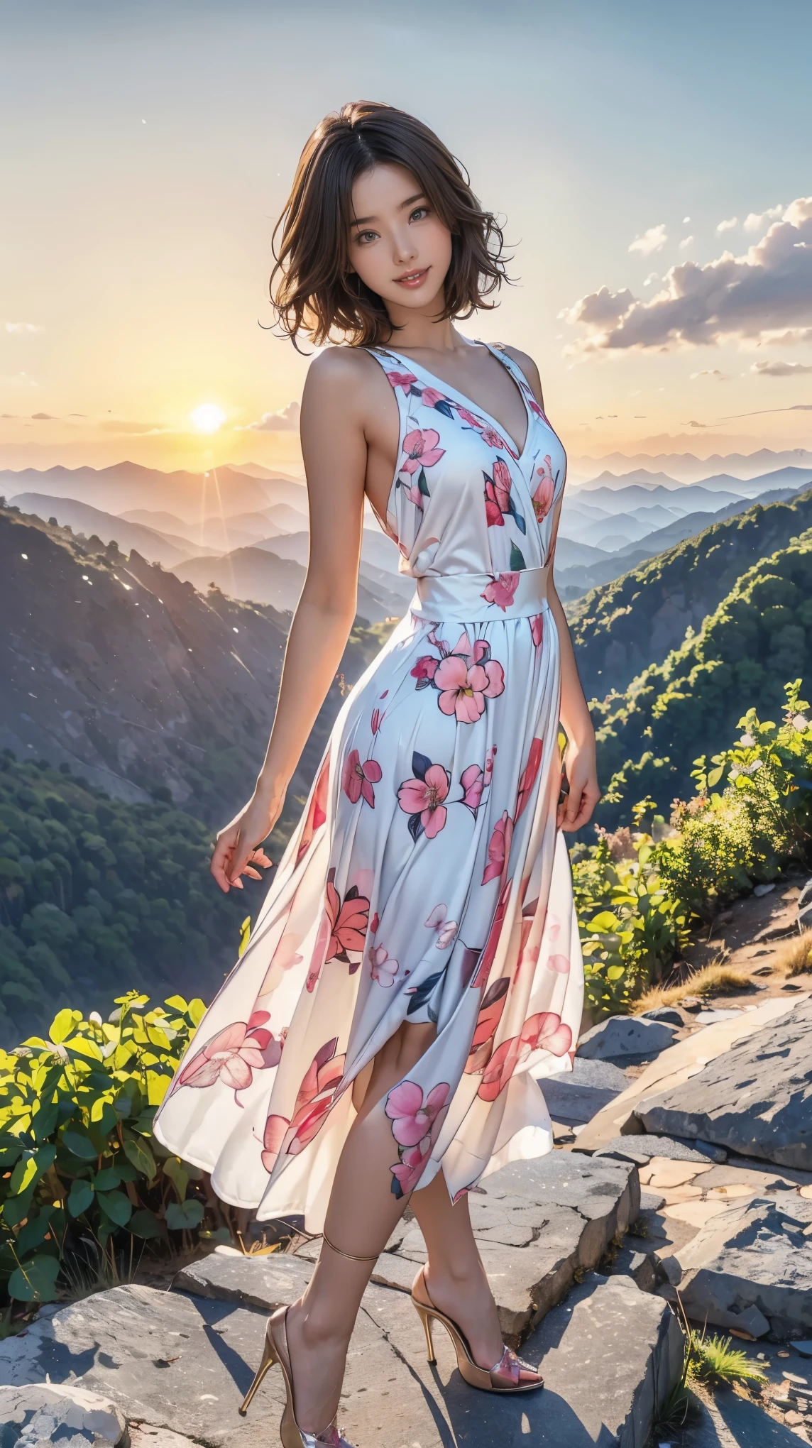 ((masterpiece)),(((Highest quality))),A low-angle shot that highlights beautiful thighs:1.5,Long legs,The best smile:1.5，Slim figure:1.5，whole body:1.5，(One Girl:1.3),(Viewer Display:1.4)，(Pointy high heels:1.3),(Standing with legs apart on top of a mountain in the setting sun:1.2),(Wear a long skirt dress with floral or plant patterns:1.2),Curly Hair:1.5，