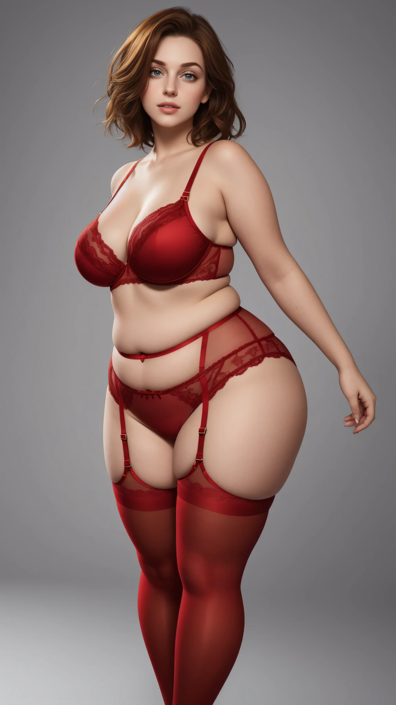 masterpiece, (photorealistic), (8k wallpaper) , (best quality), perfect quality, solo, (detailed eyes:0.9), girl, red short curvy hair, very young, face : (very young, European, very beautiful face, plump face, young). figure : (very full figure, curvy, plump, very chubby, navel, very soft, very thick,  big breasts, sexy, sexy pose, fat thighs). clothes: (tight red lingerie, red tights).