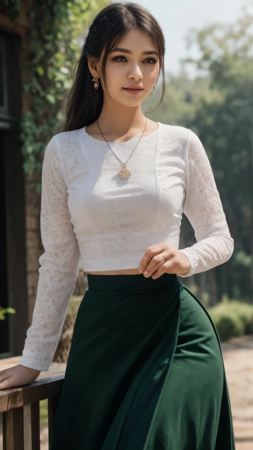(masterpiece), (best quality), (ultra detailed),(disheveled hair),(illustration), (1girl), beautiful detailed eyes, delicate beautiful face, (high saturation), (shining), 1 girl, wearing acmmsayarma outfit, acmmsayarma white top, lace long sleeves, ((acmmsayarma dark green long skirt)) , Layered necklaces, anklets, outdoor, standing and looking at the viewer