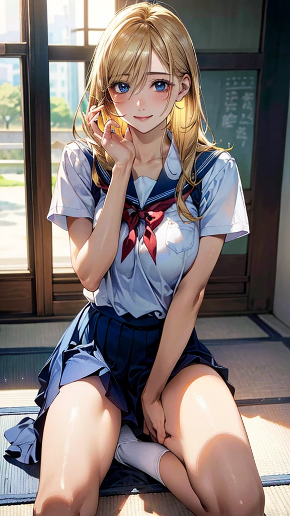 (masterpiece:1.3, Highest quality, Ultra-high resolution, Very detailed), (Realistic, photoRealistic:1.4), Beautiful illustrations, Perfect lighting, Natural light, colorful, Written boundary depth, NFSW,
View your viewers, 1 Girl, Japanese, high school girl, Perfect Face, Cute and symmetrical face, Shiny skin, Sunburned skin,
(Bob Hair, Blonde), Hair between the eyes, blue eyes, (Large Breasts, seductive Thighs, Big Ass), Thighs, sum,
Beautiful Hair, Beautiful Face, Beautiful attention to detail, Beautiful clavicle, Beautiful body, Beautiful breasts, 美しいThighs, Beautiful feet, Beautiful fingers,
(Beautiful views), ((A dynamic pose)), (School uniform), (Captivating smile,)