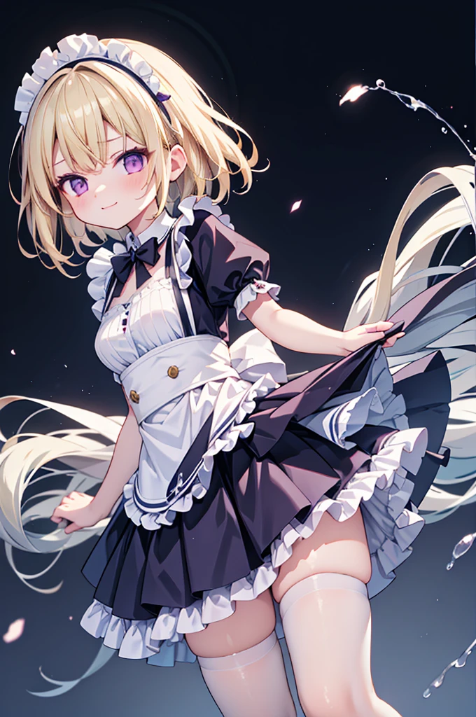 high resolution,smile,woman,woman1人,adult,cute, Medium Hair, Blonde Hair,BREAK,
Purple eyes,Maid clothes,BREAK,Facing forward,BREAK,Light blue background,
