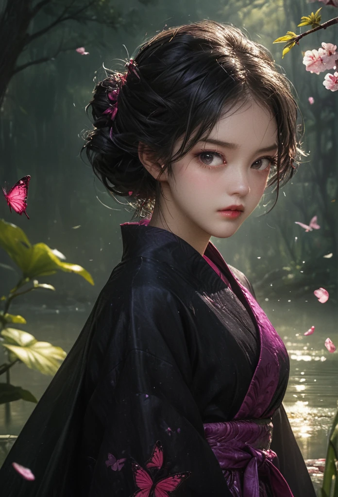 Extremely detailed and high-resolution masterpiece of Kocho Shinobu, the beautiful and deadly Demon Slayer in dynamic action. Add emphasis on the intricate details of her butterfly-themed outfit and the fierce expression on her face. Set the scene at twilight, with a serene pond and cherry blossom petals in the background. Use rich colors and volumetric light to create a sense of ethereal beauty and power.