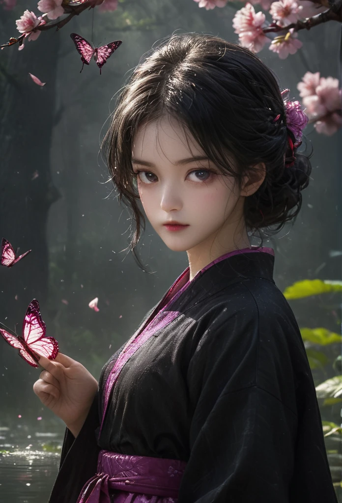Extremely detailed and high-resolution masterpiece of Kocho Shinobu, the beautiful and deadly Demon Slayer in dynamic action. Add emphasis on the intricate details of her butterfly-themed outfit and the fierce expression on her face. Set the scene at twilight, with a serene pond and cherry blossom petals in the background. Use rich colors and volumetric light to create a sense of ethereal beauty and power.