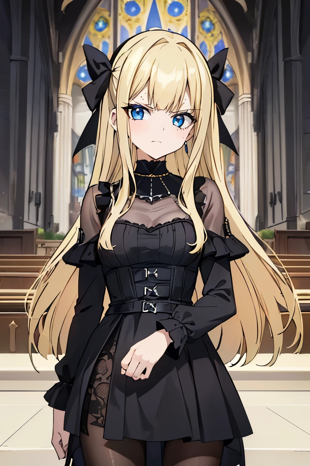 Safe for work, masterpiece, best quality, solo, 1 girl, (young female body:1.4), (medium small breasts), golden yellow hair, extra long hair, blunt bangs, crystal blue eyes, very detailed eyes, smiling, cute girl, cowboy shot, detailed eyes, gothic, black gothic fashion, pantyhose, cathedral backgroumd, church, hair ribbon, long sleeves