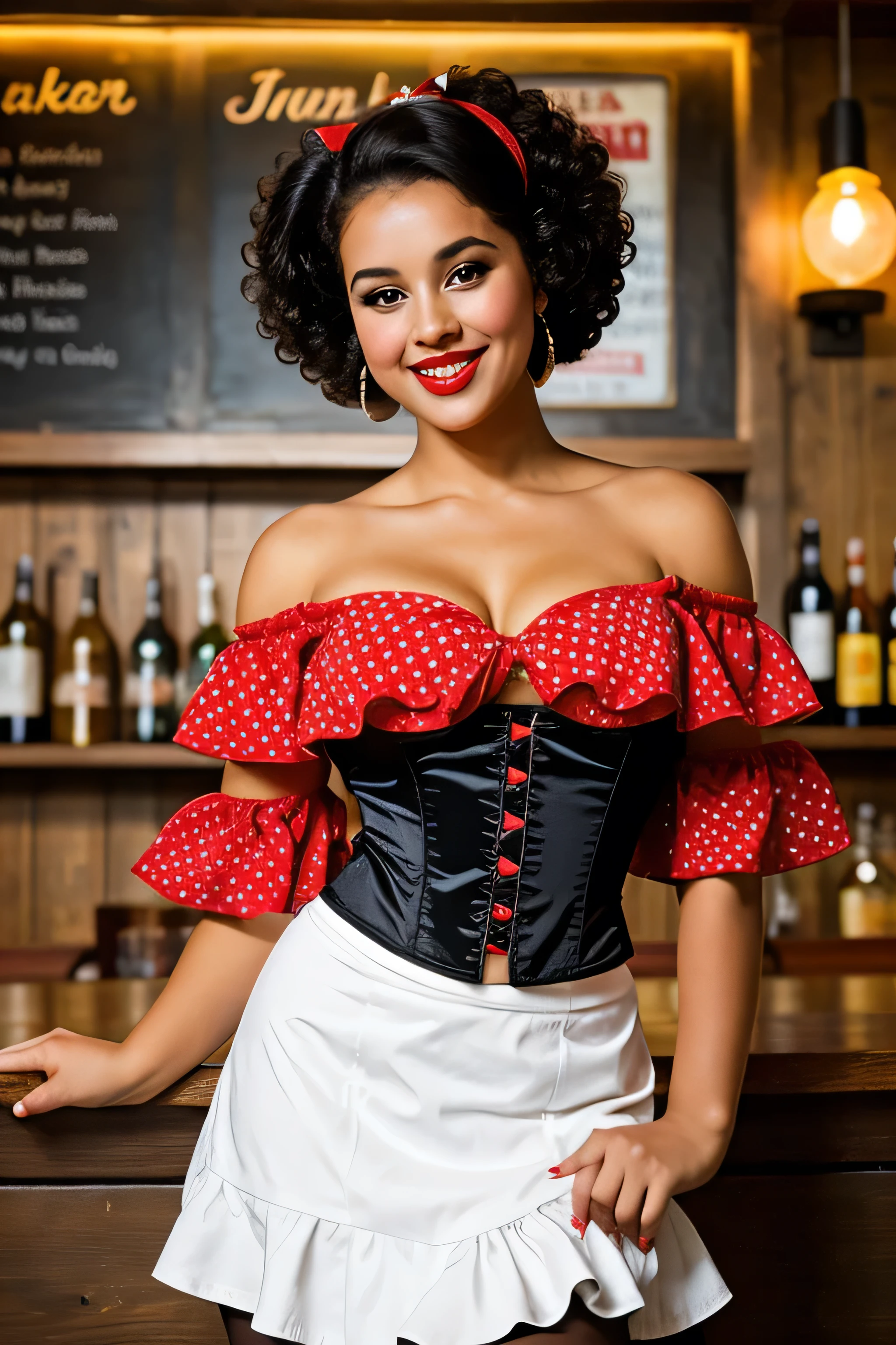 Create a portrait of a Czech bar-waitress with pretty- in the pinup style. She has a playful and confident expression, exuding glamour. She is dressed in a red off-shoulder top with ruffled sleeves and decolletage, a black corset, and a short, polka-dotted skirt. She has an Afro hairstyle and dark skin. Her pose is playful, with one leg slightly raised and holding a tray of beer mugs. The image should have no background, focusing entirely on the waitress.