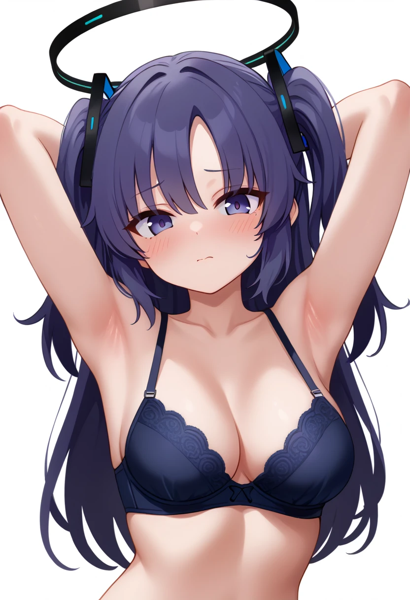 score_9, 1girl, solo, yuuka \(blue archive\), blue archive, halo, purple eyes, purple hair, long hair, two side up, medium breasts, yuuka-default, cleavage, bare arms, arms up, arms behind head, armpits, blue bra, looking at viewer, upper body, blush, closed mouth, simple background, white background,