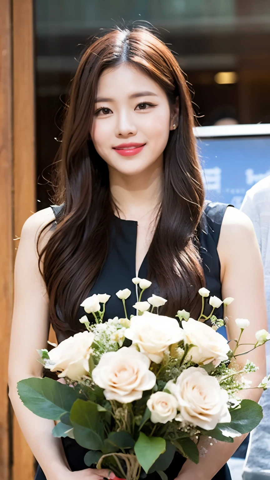 masterpiece, Highest quality, One Girl, Gray Hair, smile, View your audience, Adult, Fully mature, Holding flowers