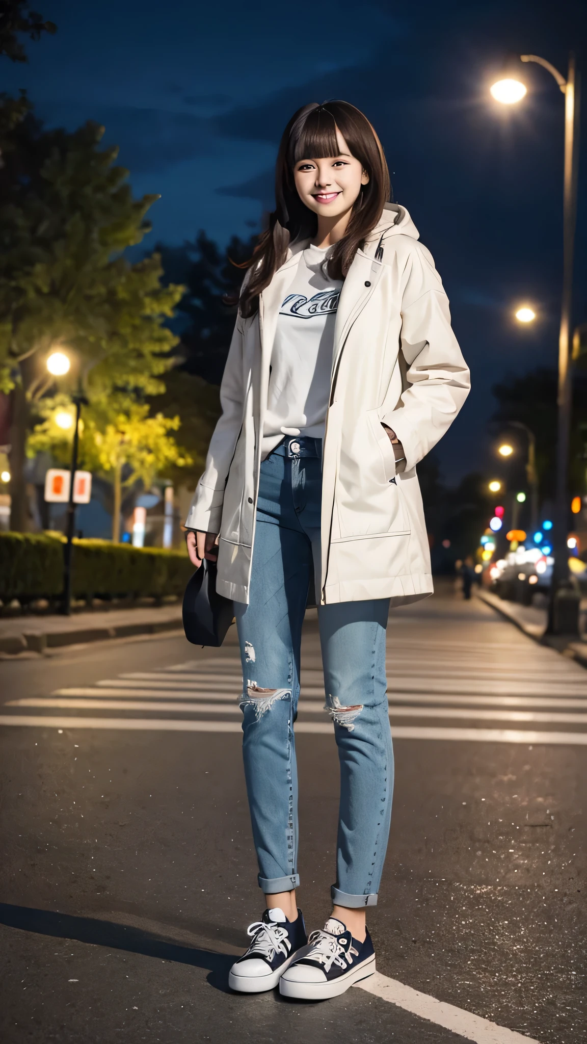 Woman in coat、white jeans and sneakers。Full body photo、Are standing、smile、Background is a park at night。.
