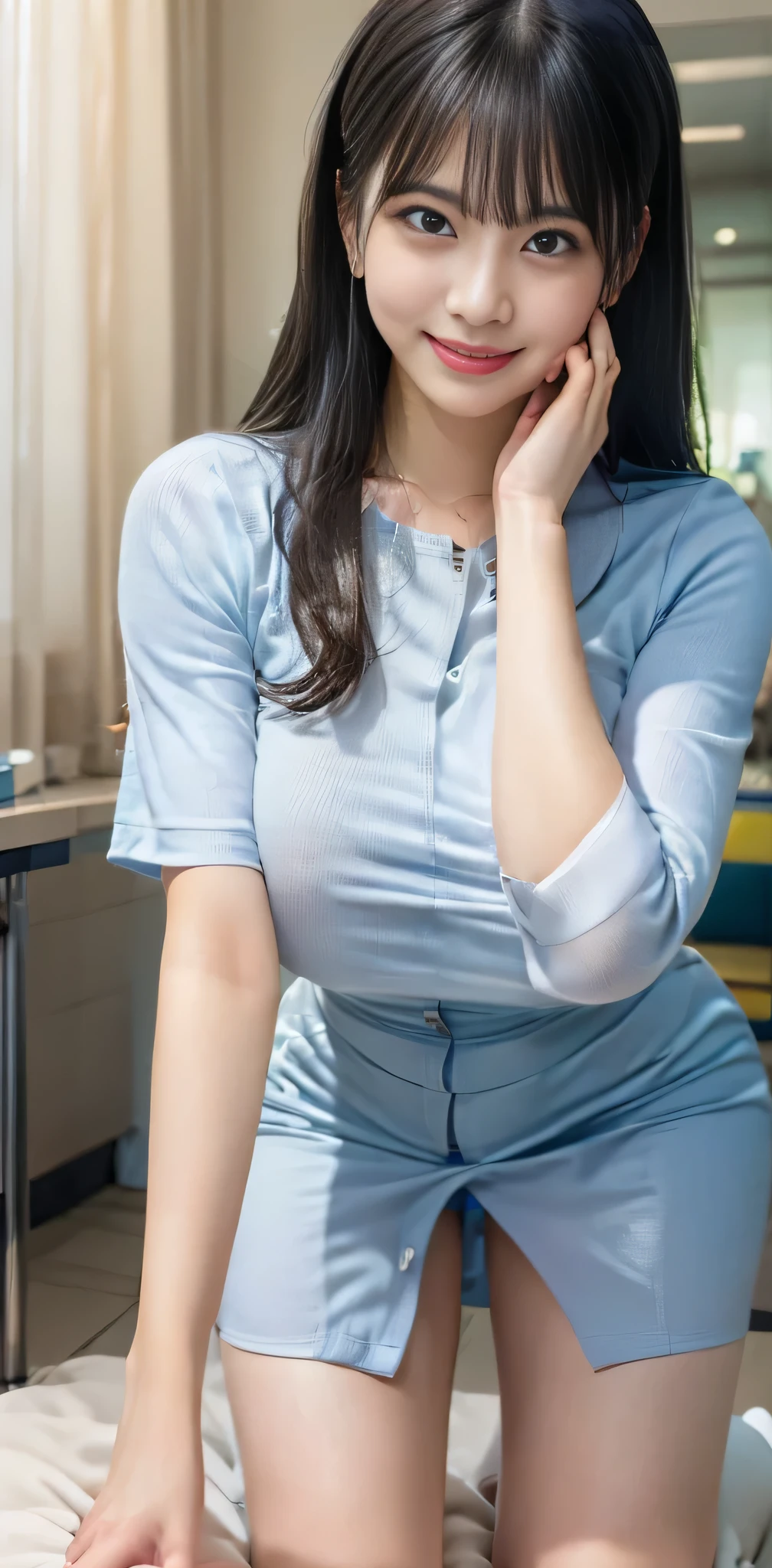 Browsing Caution:1.35、(hospital:1.5)、((She seduces the patient on the bed, crawling on all fours in a fierce, seductive and obscene manner.))、Female nurse、Modern Hairstyles、smile、((Very huge bigger than a face:1.99))Women、(24-years-old)、((Super tight uniform))、Trendy pastel color uniforms、(White Stockings)、Nurse shoes、Name tag on chest、Stethoscope from the neck、(Black Hair)、Highest quality、Ultra-high resolution、(Realistic:1.85)、Beautiful Japanese Eyes、Super Beauty、Perfect Style、Perfect balance、Detailed skin、((Delicate photo)),(Detailed RAW photos of girls), (Tabletop:1.25), (Highest quality:1.6), (Ultra-high resolution:1.5), (Realisticです:1.75), 8k resolution, Canon EOS R5, 50mm, Absurd, Very detailed,Cinema Lighting、((Beautiful golden ratio face))