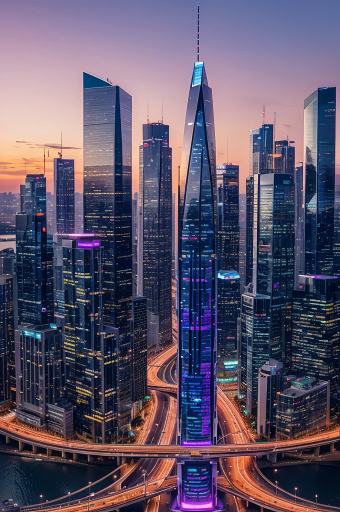 "Design a futuristic city skyline at sunset, featuring sleek skyscrapers made of glass and metal, interconnected by glowing bridges. In the foreground, include a bustling street scene with people using advanced technology, such as hoverboards and holographic displays. The sky is ablaze with shades of orange, pink, and purple, and drones zip through the air, adding to the vibrant atmosphere."