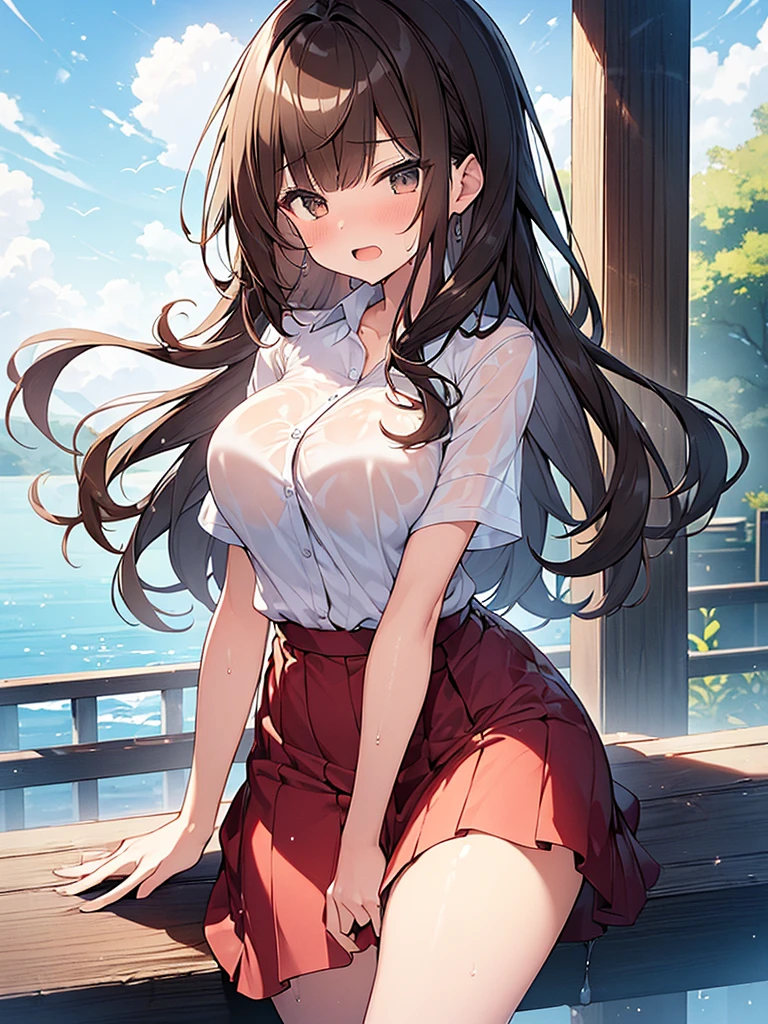 ((masutepiece, Best Quality, hight resolution, nffsw, Perfect Pixel, 4K, nffsw, nffsw))), 1girl in, Single, Solo, Beautie、full body seen、 ((Medium length wavy hair, Bangs, Brown hair)), ((Brown-eyed, Beautiful eyelashes, Realistic eyes)), ((Detailed face, Blushing:1.2)), ((Smooth texture:0.75, Realistic texture:0.65, Photorealistic:1.1, Anime CG style)), medium breasts, Dynamic Angle, Perfect body, (Santa Claus Costume、Red knitted hat、Red off-the-shoulder sweater、Long flared skirt、no-bra)), Christmas Lights、Looking up from the bottom of the stairs、Very embarrassing panic smile、Open your mouth and make a surprised face、 turned around、bending forward、(The wind flipped my skirt and exposed my butt.................................................、stick out your butt、Touching the buttocks with both hands、Pink lace panties)、