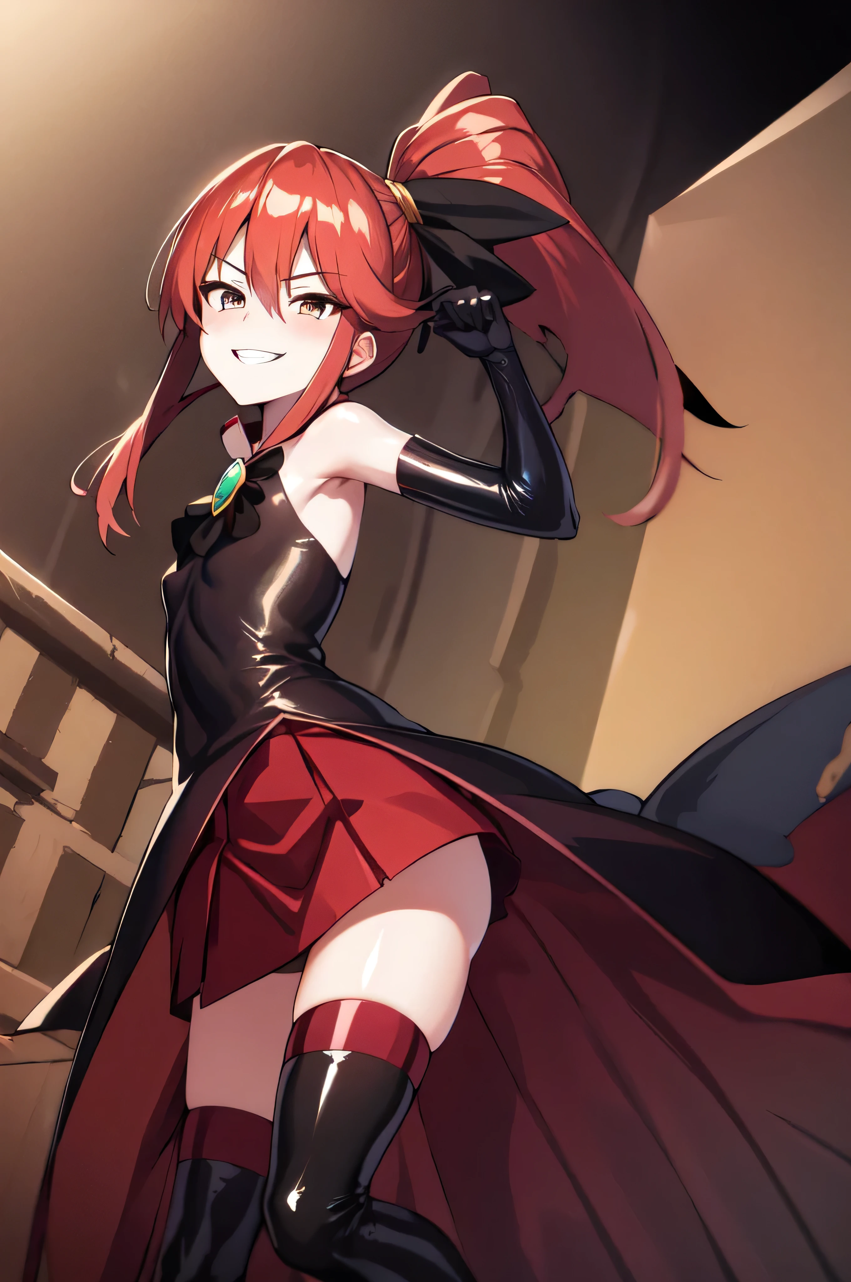 Highest quality, masterpiece, One Girl,Not beautiful, Red Ponytail, Long dress, brooch, Hair Ribbon,  Black knee socks, Standing on the rubble,  (Wicked Smile:1.1), ,,Dark shadowed face,ic smile,Malice,Contempt,smile,latex,Bad face,,Red Skirt,two hands,Two legs,five fingers,evil background,elbow gloves,latex, Wicked Smile, devilish aura (Shiny fabric:1.5),Dark world background,solo,


