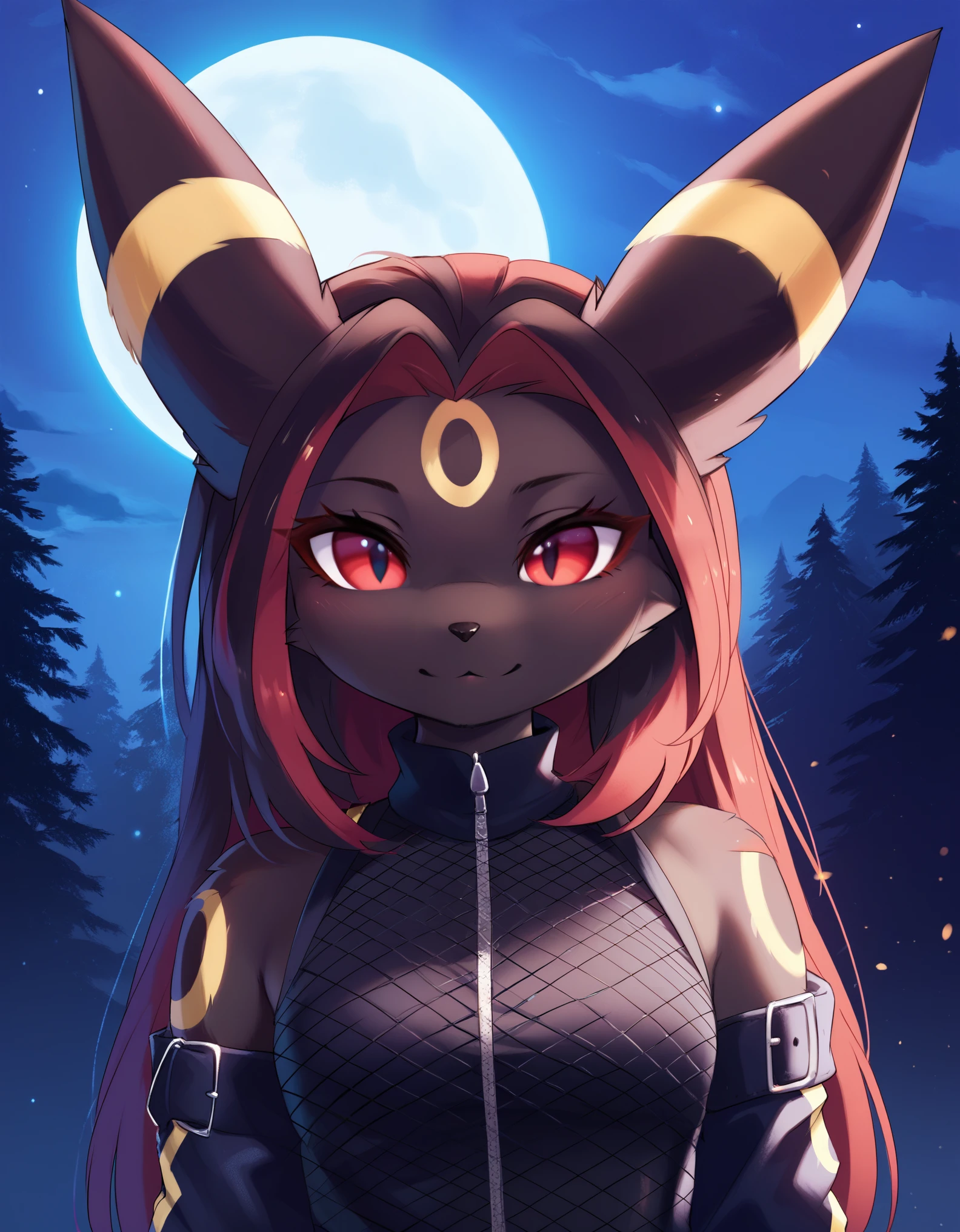 score_9, score_8_up, score_7_up, source_furry, rating_safe, (ancesra), by magnaluna,, 1girl,anthro, umbreon, black body fur, gold markings, pokemon, red eyes, fluffy fur, at night, moonlight, forest, detailed background, best quality, clothing