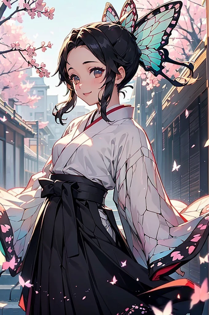 (((beautiful))), (((Hakama, kimono))), ((Black Hair, ponytail, Butterfly ribbon)), (((Intricate details))), High resolution, ((Intricate details, Ultra-detailed)), whole body, Are standing, looking at the camera, Red cheeks, smile, cherry blossoms, Walking the Streets