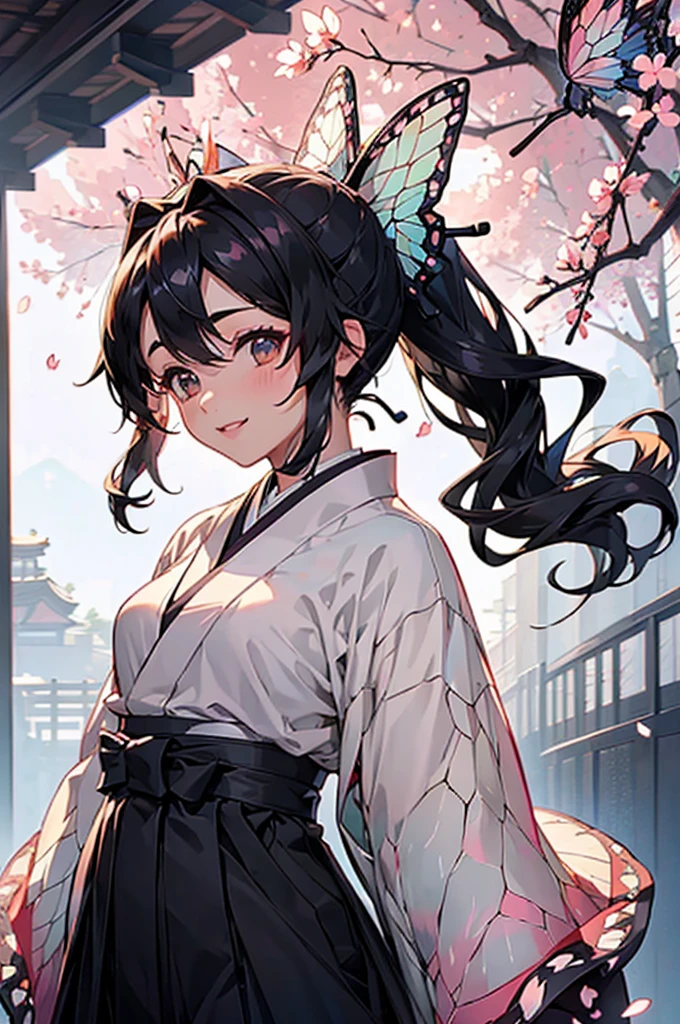 (((beautiful))), (((Hakama, kimono))), ((Black Hair, ponytail, Butterfly ribbon)), (((Intricate details))), High resolution, ((Intricate details, Ultra-detailed)), whole body, Are standing, looking at the camera, Red cheeks, smile, cherry blossoms, Walking the Streets