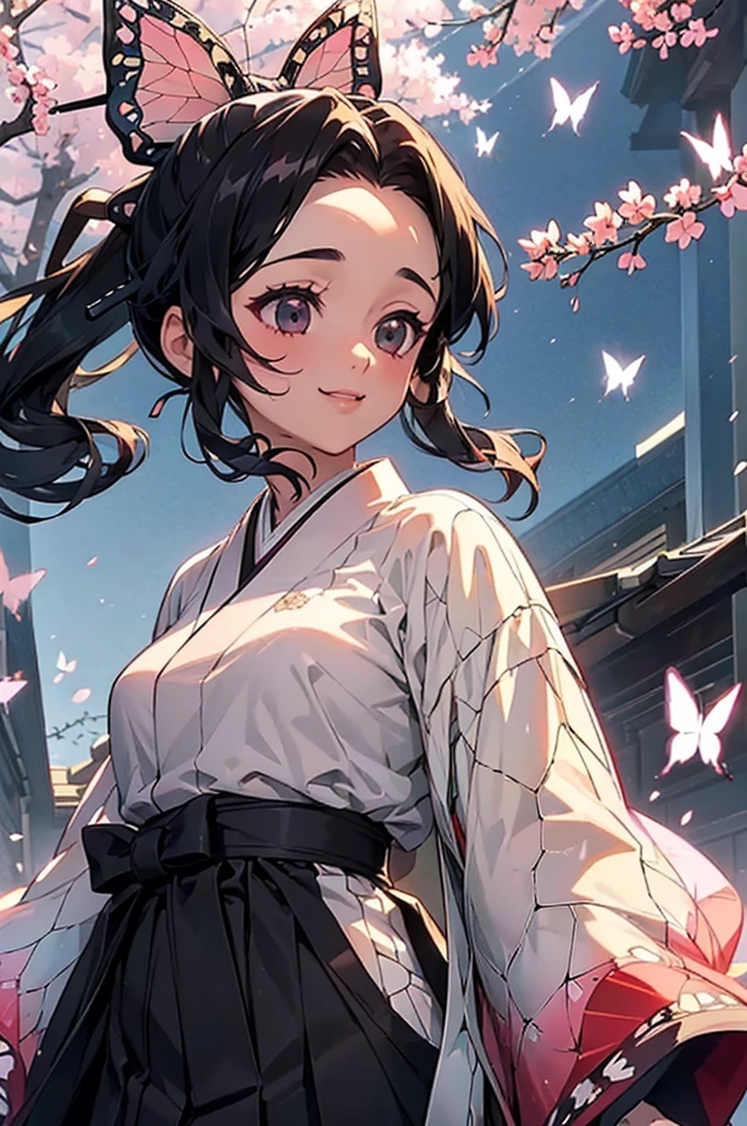 (((beautiful))), (((Hakama, kimono))), ((Black Hair, ponytail, Butterfly ribbon)), (((Intricate details))), High resolution, ((Intricate details, Ultra-detailed)), whole body, Are standing, looking at the camera, Red cheeks, smile, cherry blossoms, Walking the Streets