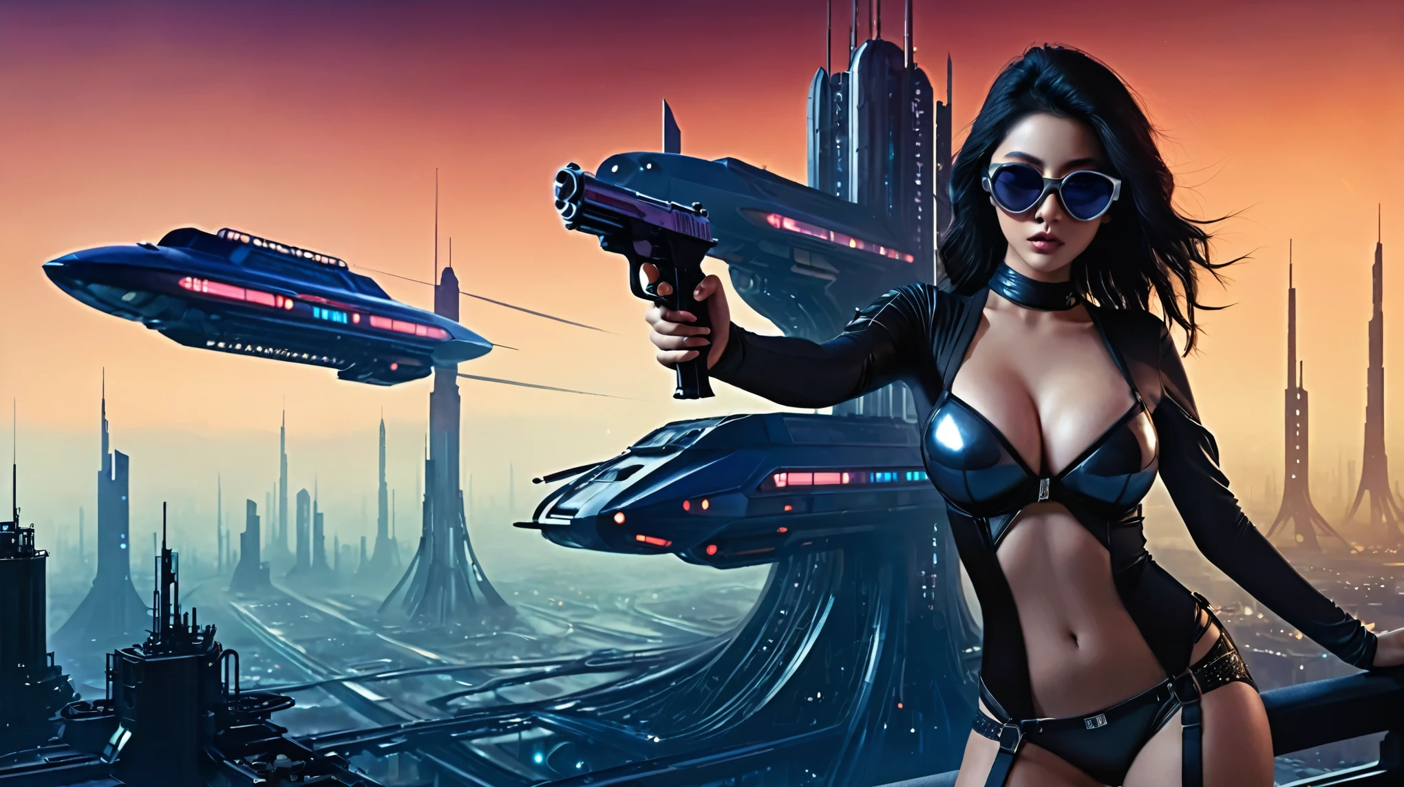 at night, ((a large-breast:1.2 lingerie slim:0.6 GIRL with black micro sunglasses)), ((holding a pistol)), aerial view of an ultra-futuristic megalopolis, tall metal buildings and houses in dark colors from dark blue to black, shades of metal gray, smoky metal structures, industrial environment with fog around, dark cars on the streets, desert megalopolis, modern metal rails and trains passing through, ((futuristic space station)), realistic, detailed, sci-fi.