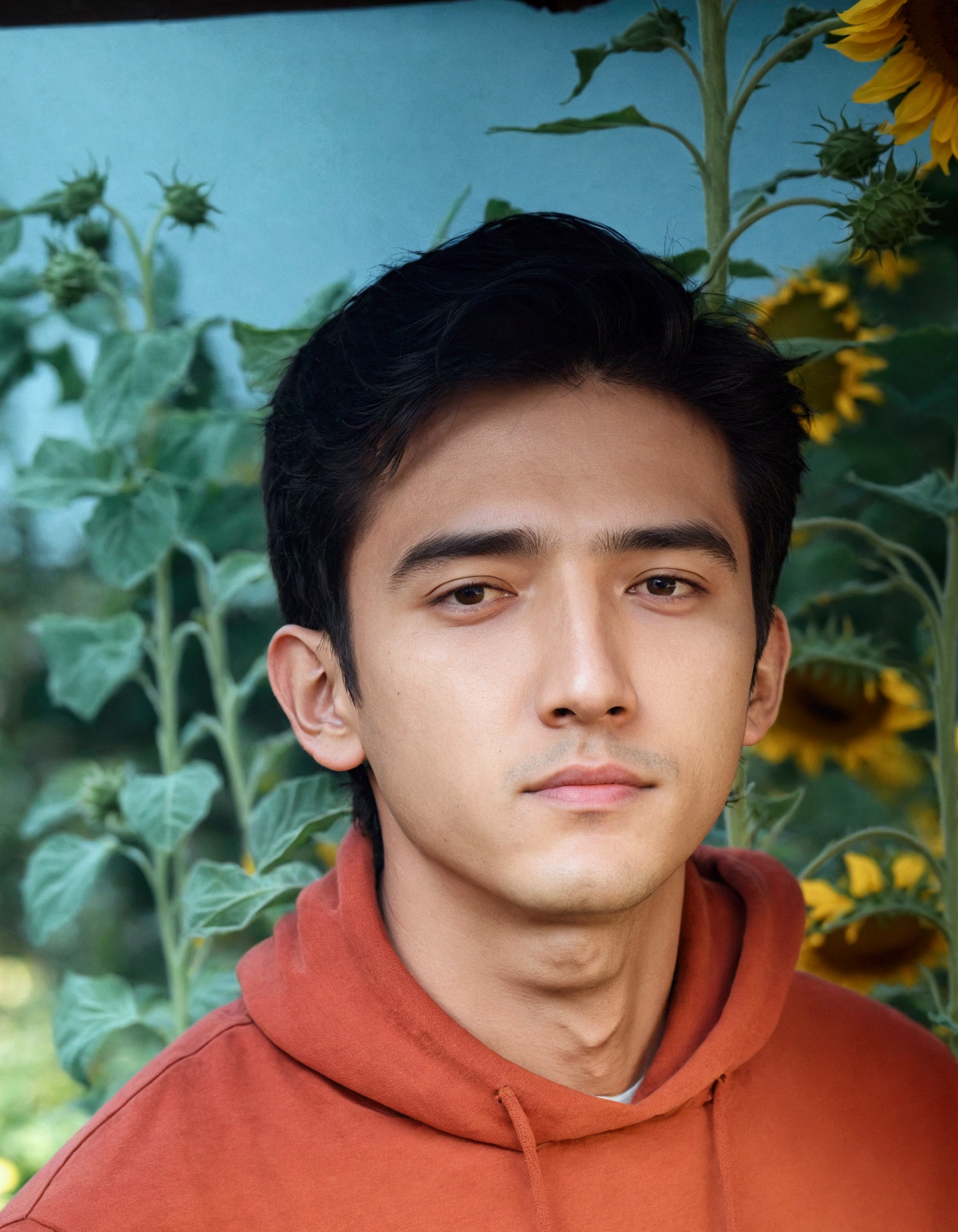18age handsome  male  in sunflower garden  hd. Realistic. 4k . Good quality