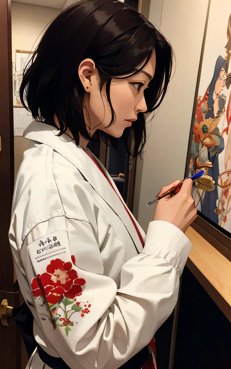 (profile), (Ayami kojima&#39;s Style), nudist, haruno sakura, bionde, Pink Eyes, Bobcut, Perfect Face, Realistic, Real, Lip gloss, Messy Hair, blush, Sparkling eyes, Dynamic Movement, Motion Lines, Milk on face, blouse, mascara1 girl, solo, High resolution, Long Hair, 