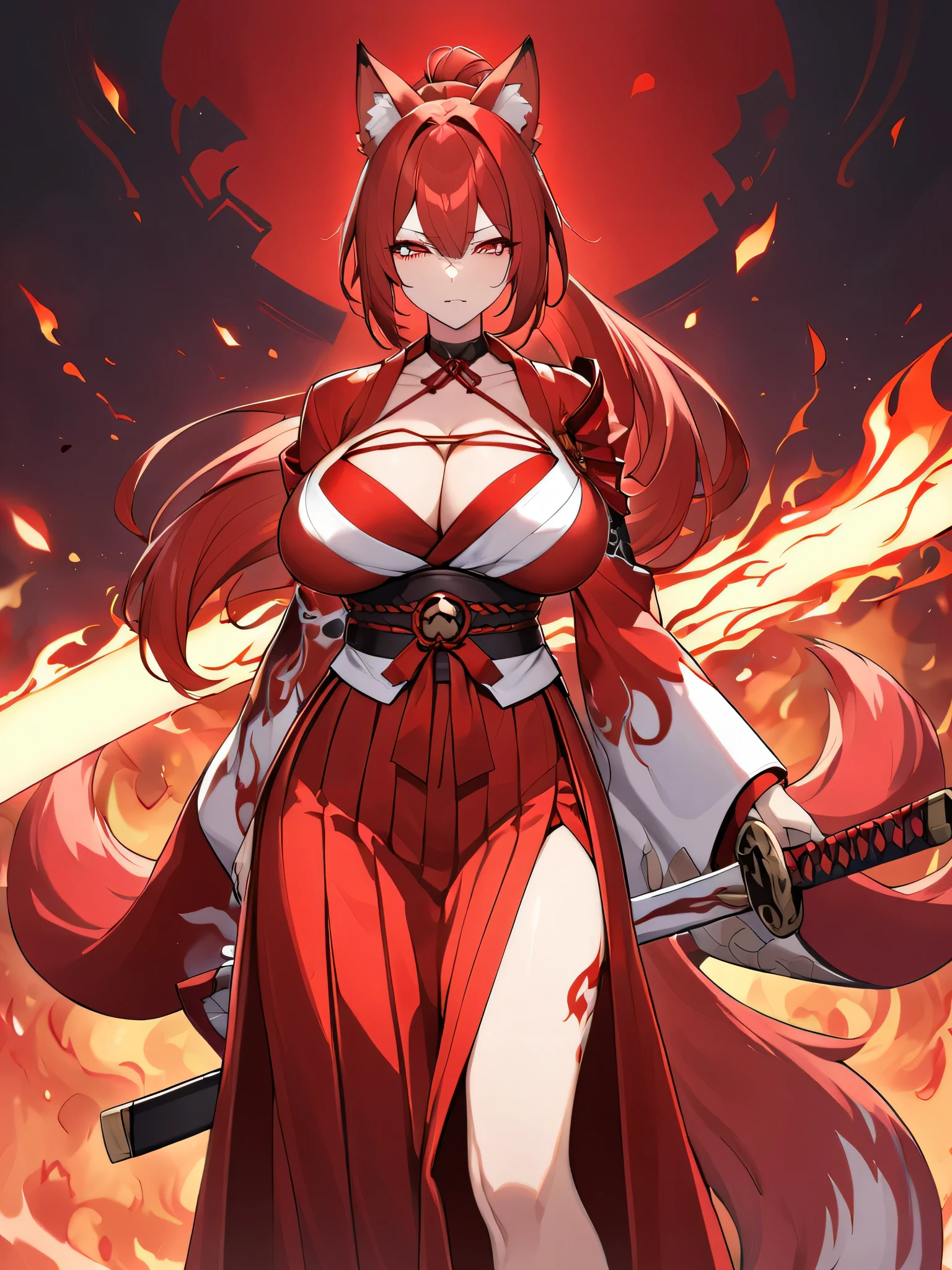 8K Highest quality Long red ponytail Red fox ears Nine fox tails Very large breasts Flaming Japanese sword Red jacket Long hakama Red eyeshadow on lower eyelids Red burning background Japanese style Samurai Burning hell