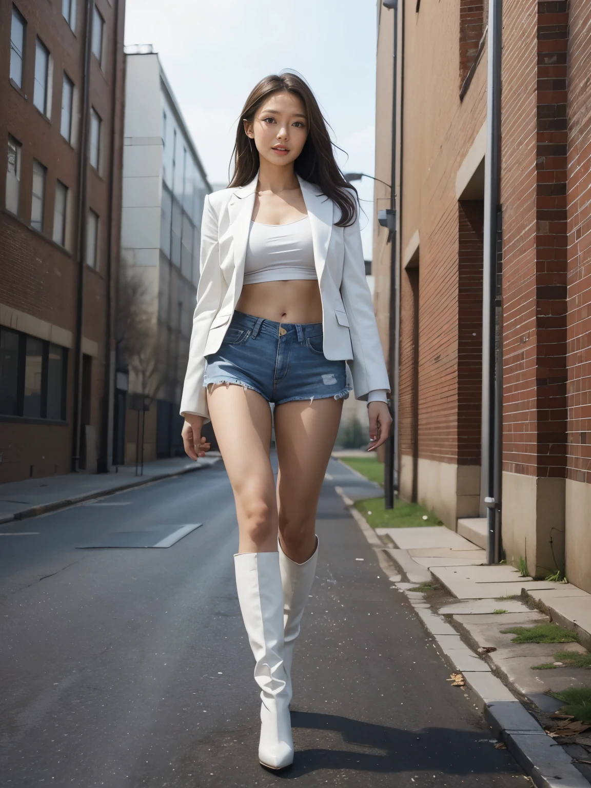 masterpiece,highest quality,High resolution,Full Body View,White jacket,Red innerwear,Belly button,Belted denim mini shorts,The heroine in white long boots with high heels,Perfect Legs,Perfect Skin,Perfect Arms,Abdominal muscles,The background is an abandoned factory