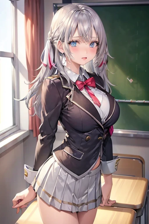 (((Upper Body))、(((Accentuate your breasts、Shiny underwear)))、Highest quality, 8k, masterpiece :1.3)), whole body, Sharp focus :One Girl,Glowing Skin,Sexy pose,Highest quality,Tabletop,shape,Very delicate and beautiful,Hmph,8k壁紙,wonderful,In detail,Official Art,Very detailedなティッカーUnity 8k壁紙,Incredibly ridiculous,Large file size,Very detailedな,High resolution,Very detailed,Beautiful detailed girl,Realistic,X-ray,The queue is full,(((Uniform Blazer、mini skirt)))、(((Big Breasts、Silver Hair)))、(((School、classroom)))、Stand upright、Cleavage , ((Long silver hair))、Uniform Blazer、mini skirtセクシーなポーズ、Her hairstyle is twin tails..、both hands、Arya、Lace panties