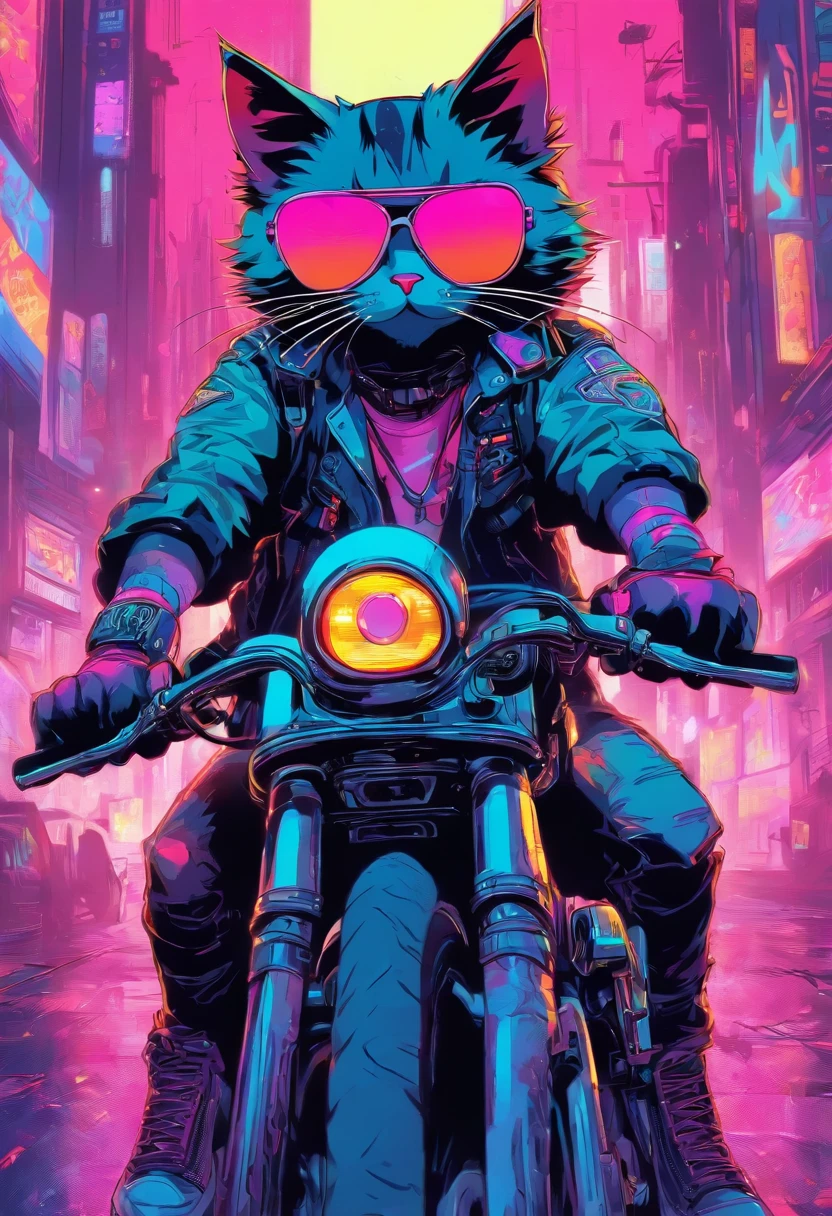 Concept Art, A cyberpunk kitten with boots riding on a Harley-Davidson,  moped with sunglasses, vector, psychedelic tshirt design