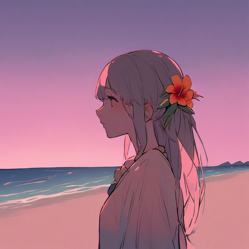 Summer, tropical flowers, pink sky, beach, woman, pop, clear lines, faint light, nostalgic, sad