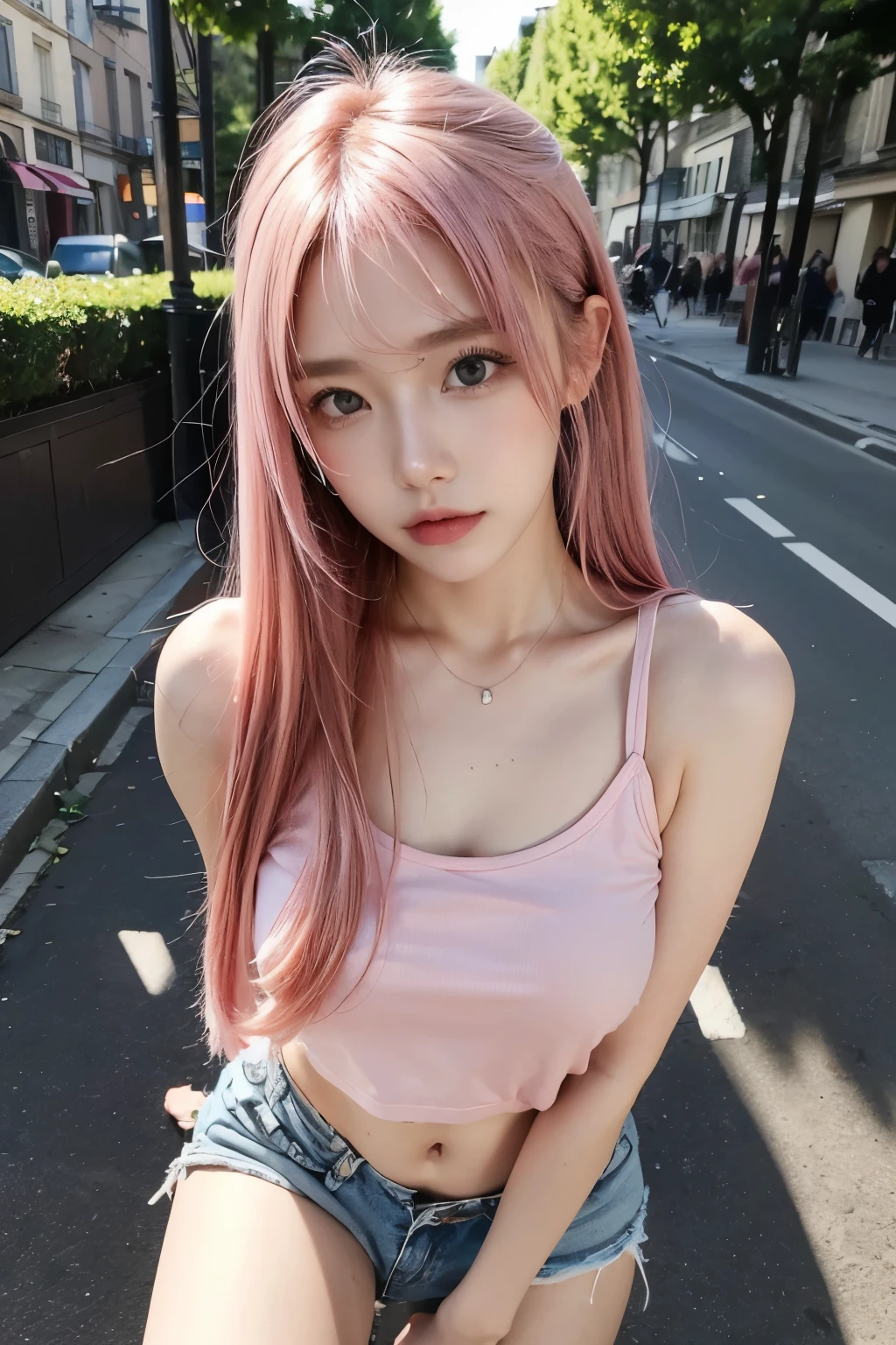 masterpiece,Highest quality,Very detailedな,(Take in the view),Black Hair,Realistic,18-year-old,(Bokeh),Sweat,blush,,(orgasm),Natural pose, artistic、Very detailed,(Beautiful pink hair, Beautiful eyes, Long Hair, ),Pink Hair Color、Pink Hair、Hair color: Pink、Streets of Paris、Hair with movement、The wind is blowing、camisole、Shorts、From above、Eating ice cream deliciously、
