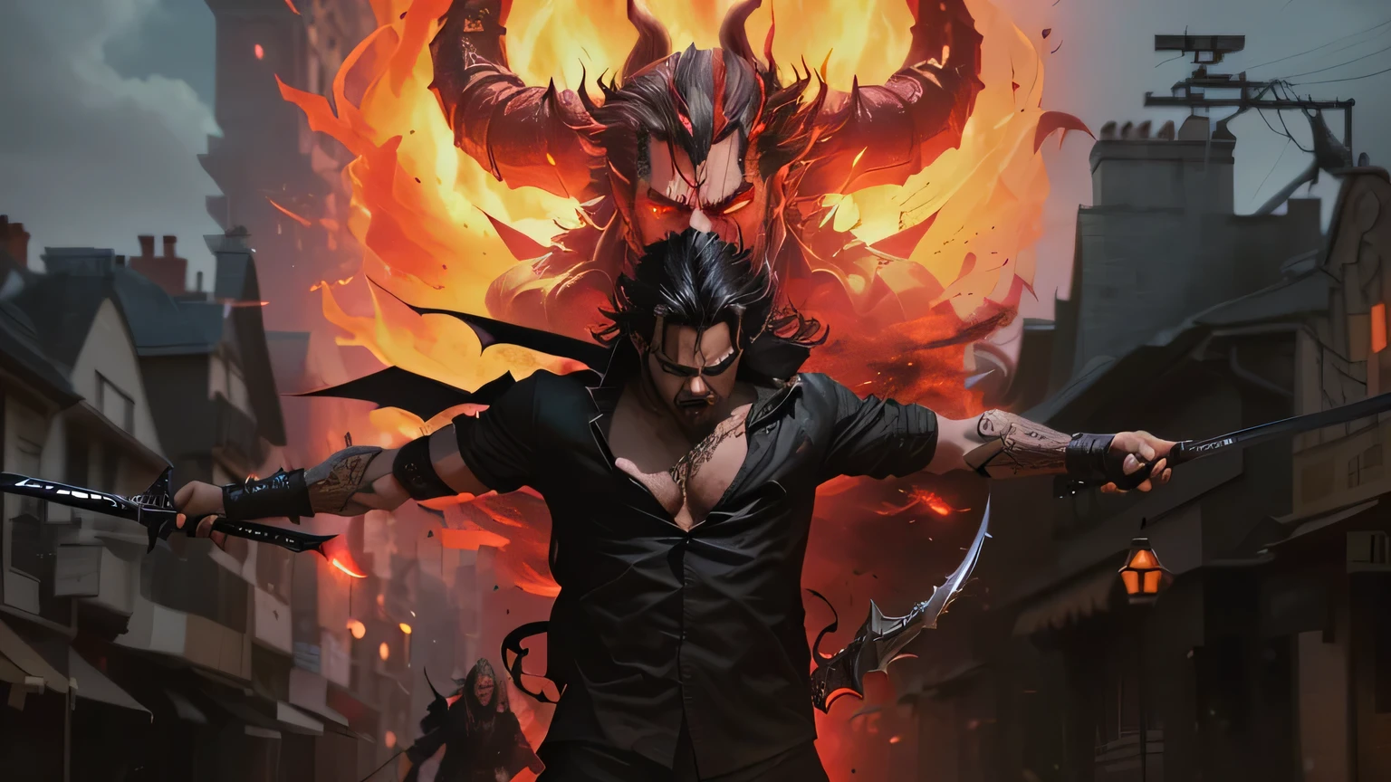 there is a man holding a sword and a demon on a city street, devil, the king of hell, fan art, king of hell, devils, demon, oni, movie promotional image, the devil, satan in hell, trending on devianart, fanart, lucifer, demon hero, diablo 4, evil god, edited, satan, diablo, cg artist