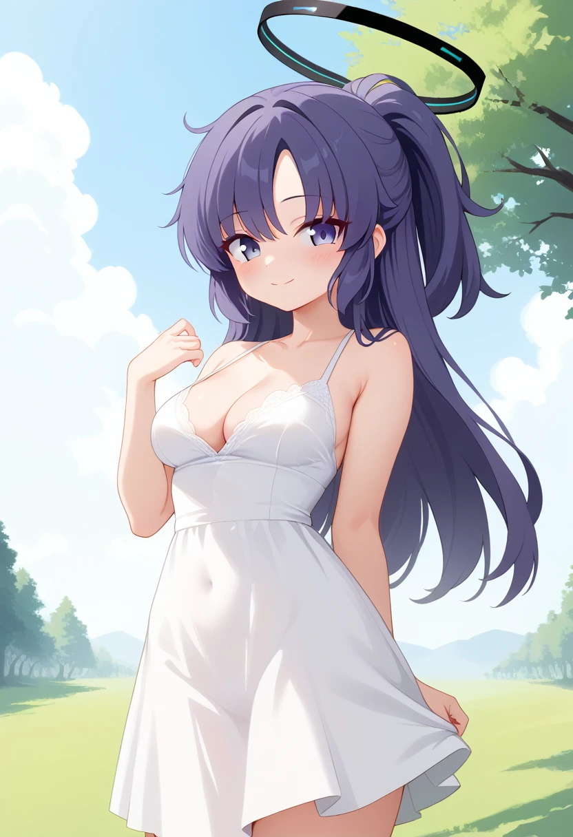 score_9, 1girl, solo, yuuka \(blue archive\), blue archive, halo, purple eyes, purple hair, ponytail, long hair, medium breasts, yuuka-default, cleavage, bare arms, white flowy sundress with a lace-up neckline, looking at viewer, outdoors, blush, closed mouth, smile, standing, grass, trees, sky, clouds, 