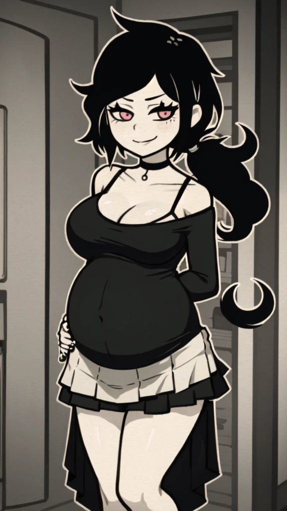 ashleyvk, 1girl, solo, black hair, big breasts, choker, long hair, anime coloring, bare shoulders, mini skirt, smile, pregnant, huge belly, black nails