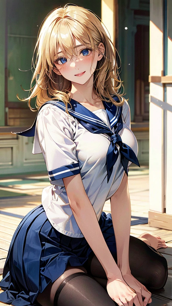 (masterpiece:1.3, Highest quality, Ultra-high resolution, Very detailed), (Realistic, photoRealistic:1.4), Beautiful illustrations, Perfect lighting, Natural light, colorful, Written boundary depth, NFSW,
View your viewers, 1 Girl, Japanese, high school girl, Perfect Face, Cute and symmetrical face, Shiny skin, Sunburned skin,
(Bob Hair, Blonde), Hair between the eyes, blue eyes, (Large Breasts, seductive Thighs, Big Ass), Thighs, sum,
Beautiful Hair, Beautiful Face, Beautiful attention to detail, Beautiful clavicle, Beautiful body, Beautiful breasts, 美しいThighs, Beautiful feet, Beautiful fingers,
(Beautiful views), ((A dynamic pose)), (School uniform), (Captivating smile,)