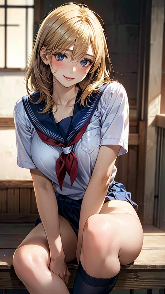 (masterpiece:1.3, Highest quality, Ultra-high resolution, Very detailed), (Realistic, photoRealistic:1.4), Beautiful illustrations, Perfect lighting, Natural light, colorful, Written boundary depth, NFSW,
View your viewers, 1 Girl, Japanese, high school girl, Perfect Face, Cute and symmetrical face, Shiny skin, Sunburned skin,
(Bob Hair, Blonde), Hair between the eyes, blue eyes, (Large Breasts, seductive Thighs, Big Ass), Thighs, sum,
Beautiful Hair, Beautiful Face, Beautiful attention to detail, Beautiful clavicle, Beautiful body, Beautiful breasts, 美しいThighs, Beautiful feet, Beautiful fingers,
(Beautiful views), ((A dynamic pose)), (School uniform), (Captivating smile,)