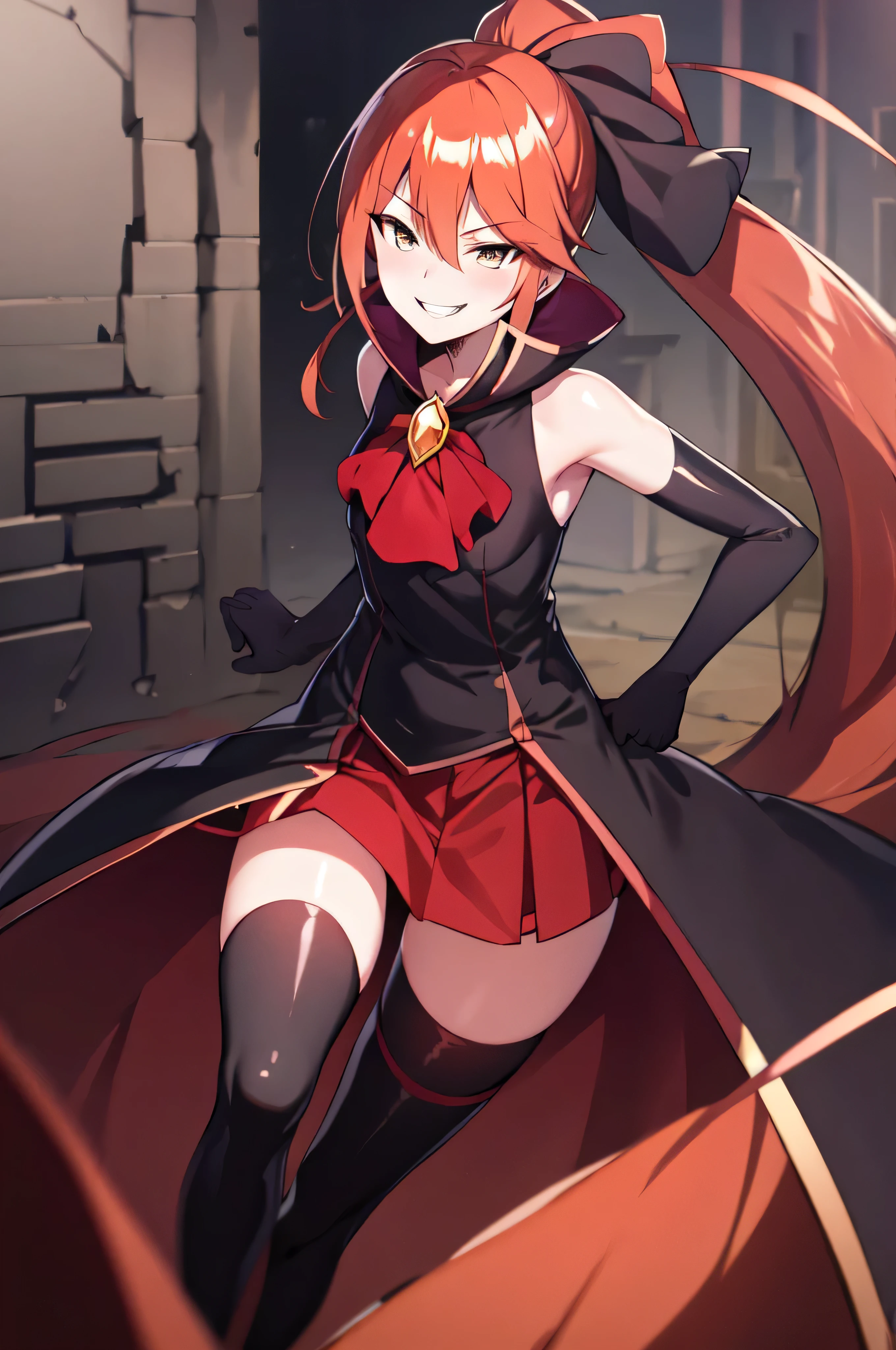 Highest quality, masterpiece, One Girl,Not beautiful, Red Ponytail, Long dress, brooch, Hair Ribbon,  Black knee socks, Standing on the rubble,  (Wicked Smile:1.1), ,,Dark shadowed face,Sadistic smile,Malice,Contempt,smile,latex,Bad face,,Red Skirt,two hands,Two legs,five fingers,evil background,elbow gloves,latex, Wicked Smile, devilish aura (Shiny fabric:1.5),Dark world background,solo,


