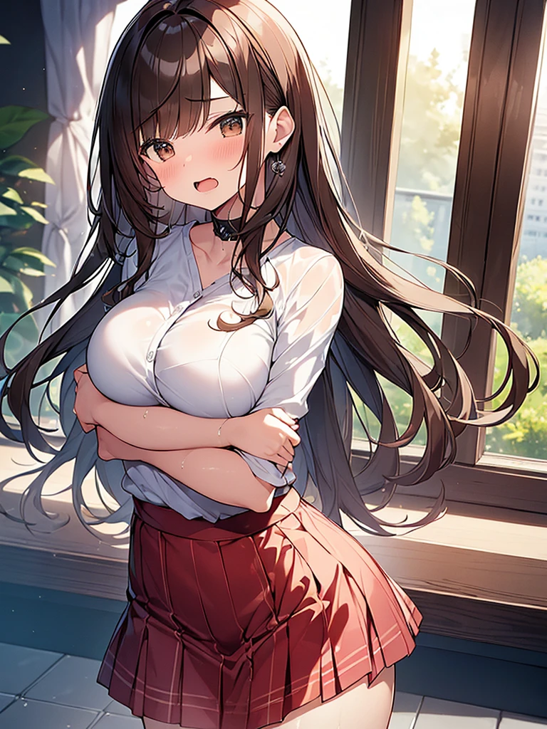 (Masterpiece, Top quality: 1.5), (1 girl, solo :1.2),  (large breasts:1.4), (hold breasts, covering breasts by arm:1.4), (cute design short-sleeved shirt, midi skirt:1.4), standard weight, (brown hair:1.4), (airy hair, wavy hair:1.3), long hair ,asymmetry bangs, swept bangs, 12 year old, angry:1.3, (flustered:1.3), sexual climax:1.3, beautiful scene of indoor, dynamic pose, magnificent panorama view, wet:1.1, open mouth