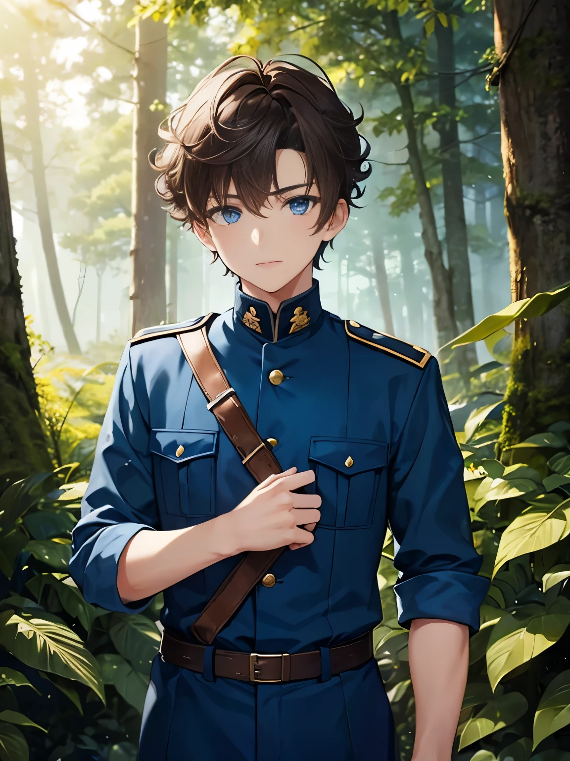 1boy,guy,Walking in the forest,,wearing blue army uniform,,blue eyes,half body photo,Hand on chin,18 years old,Curly hair,medium hair,undercut hairstyle,light brown hair, ultra detail,masterpiece