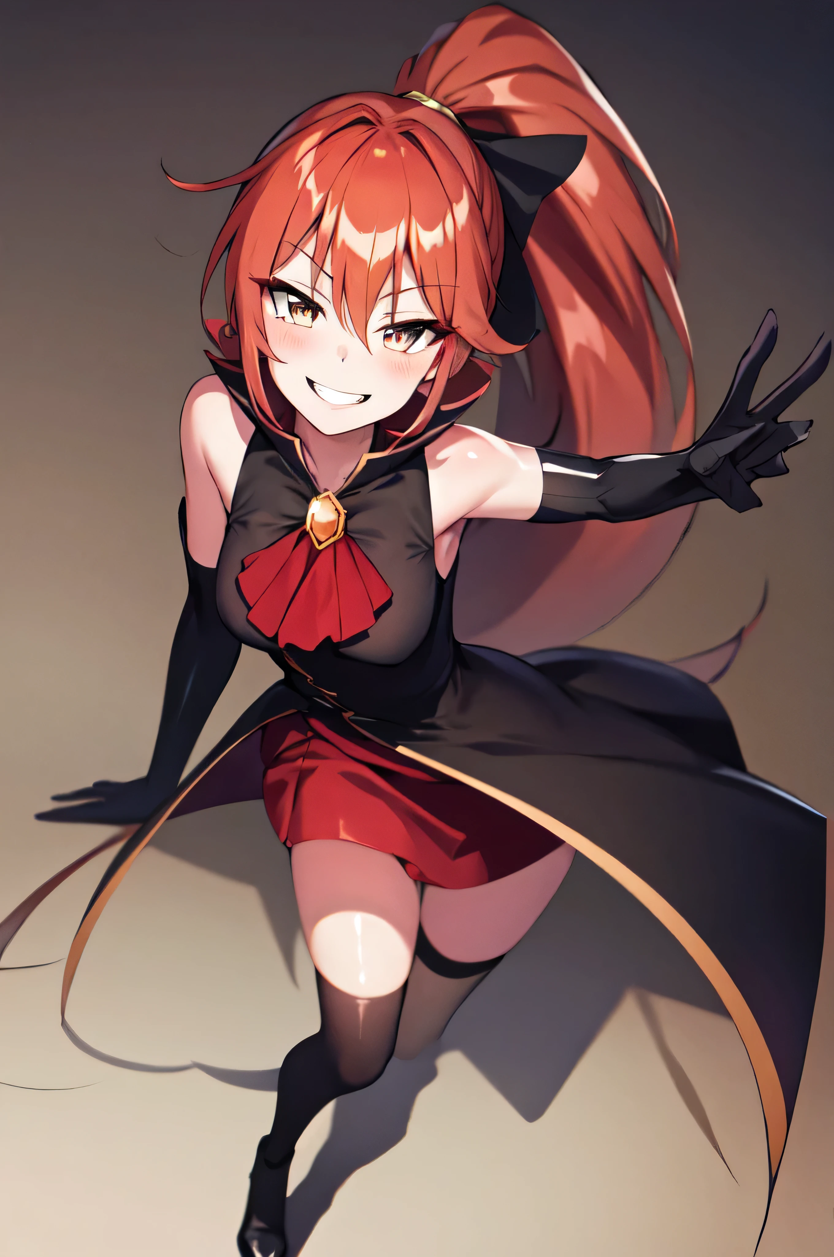 Highest quality, masterpiece, One Girl,Not beautiful, Red Ponytail, Long dress, brooch, Hair Ribbon, Black knee socks, Standing on the rubble, (Wicked Smile:1.1), ,,Dark shadowed face,Sadistic smile,Malice,Contempt,smile,latex,Bad face,,Red Skirt,two hands,Two legs,five fingers,evil background,elbow gloves,latex, Wicked Smile, devilish aura (Shiny fabric:1.5),Dark world background,solo,