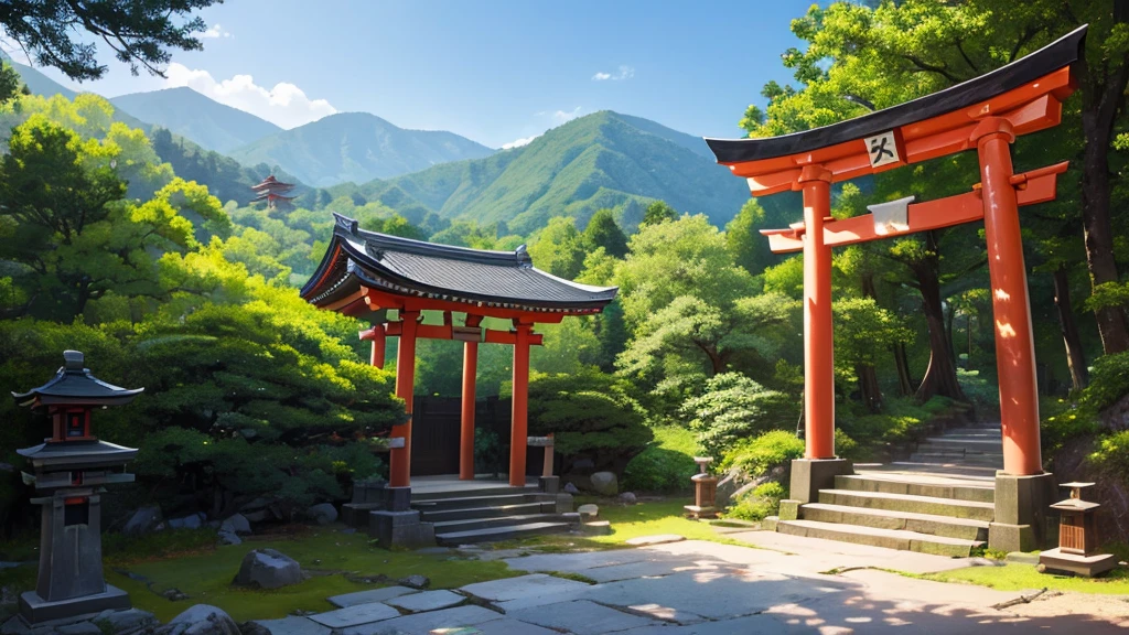 Type of shrine: Old traditional shrine
Season and time of year: Summer morning, refreshing atmosphere
Surroundings: In the mountains, surrounded by nature
Specific elements: Torii gate is highlighted