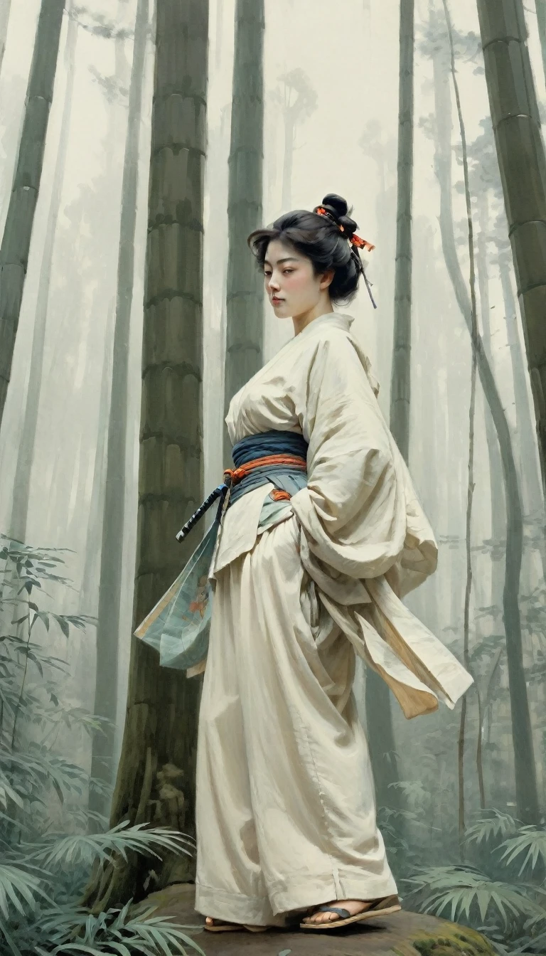 One Woman Samurai Exotic Goddess, oversized pants, Low - Angle, forest, Muted art by Francis Coates Jones