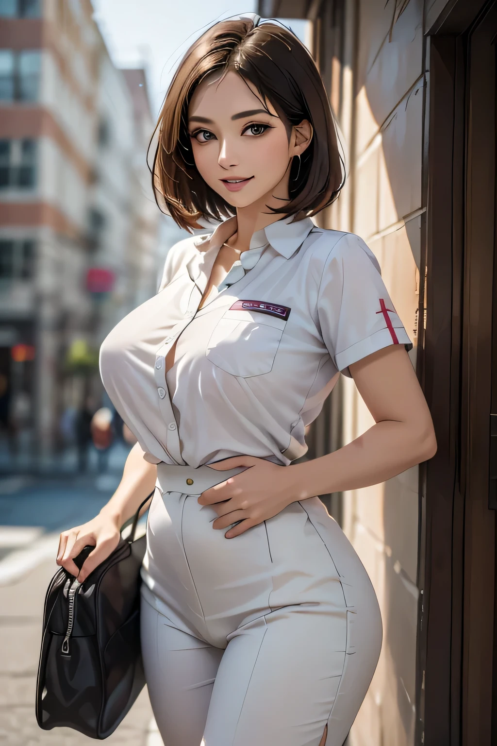 ((1 female, 40 years old)), ((Nurse cap and short nurse uniform)), masterpiece, ((Big Breasts)), (Big Hips), (Sexy pose), (very tanned and shiny skin),  (Skin dents), photoRealistic, Realistic, alone, photoRealistic, Highest quality, Ultra-high resolution, Yura S, Outdoor, colorful, Lips parted, Daytime setting, beautiful, masterpiece, Highest quality, Very detailedな顔, Perfect lighting, Ultra-high resolution, Very detailed, (background: hospital)