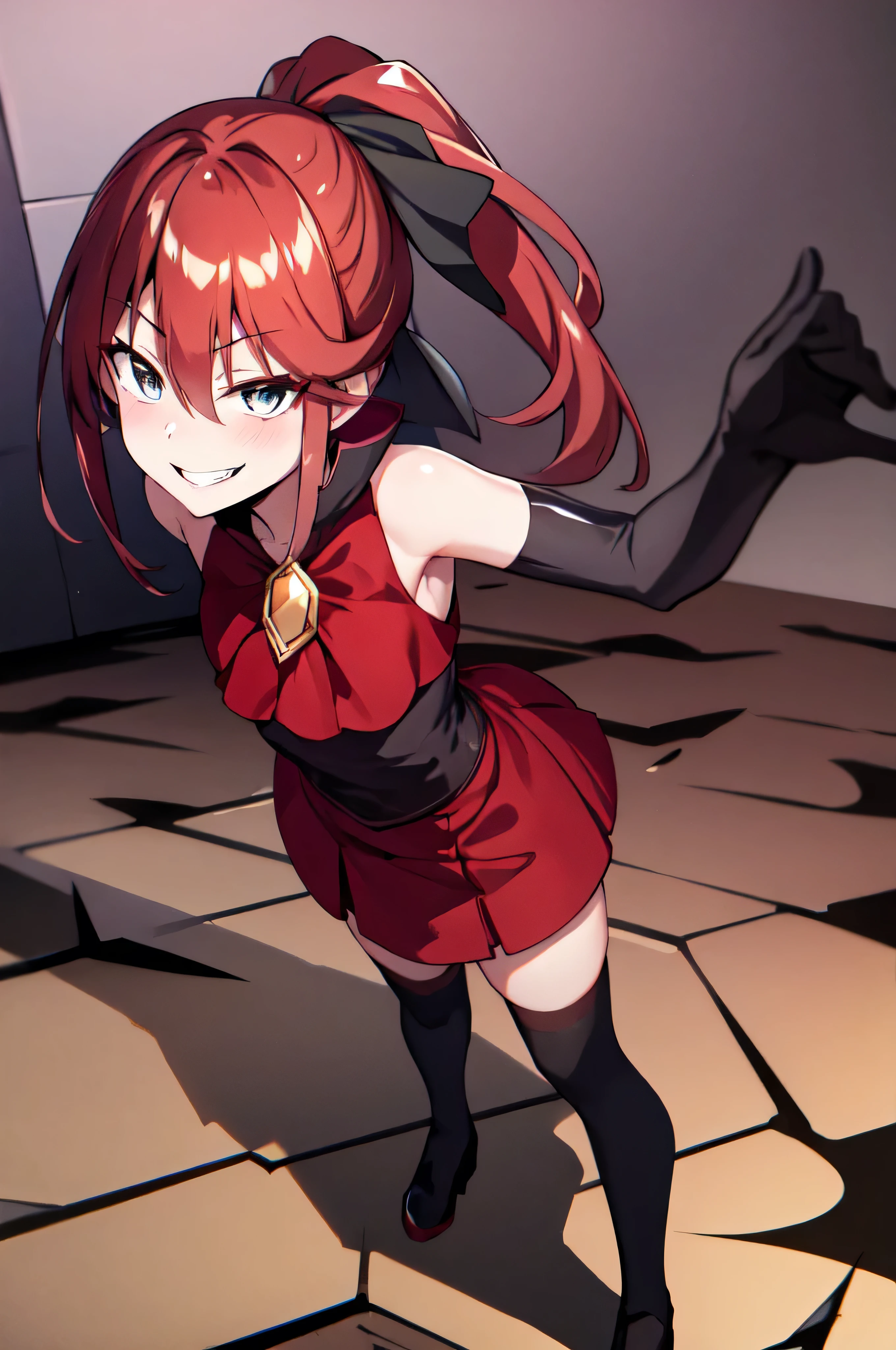 Highest quality, masterpiece, One Girl,Not beautiful, Red Ponytail, Long dress, brooch, Hair Ribbon, Black knee socks, Standing on the rubble, (Wicked Smile:1.1), ,,Dark shadowed face,Sadistic smile,Malice,Contempt,smile,latex,Bad face,,Red Skirt,two hands,Two legs,five fingers,evil background,elbow gloves,latex, Wicked Smile, devilish aura (Shiny fabric:1.5),Dark world background,solo,kick